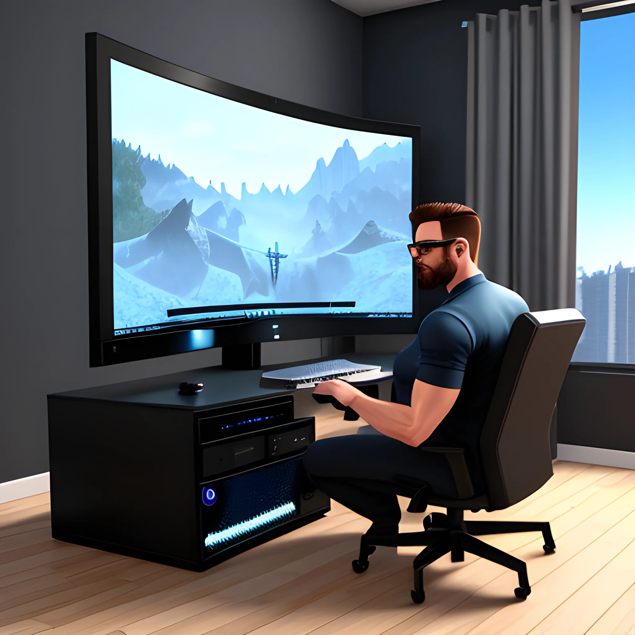 a small young child boy 3d character full body sitting on his gaming pc in his own room, 3D