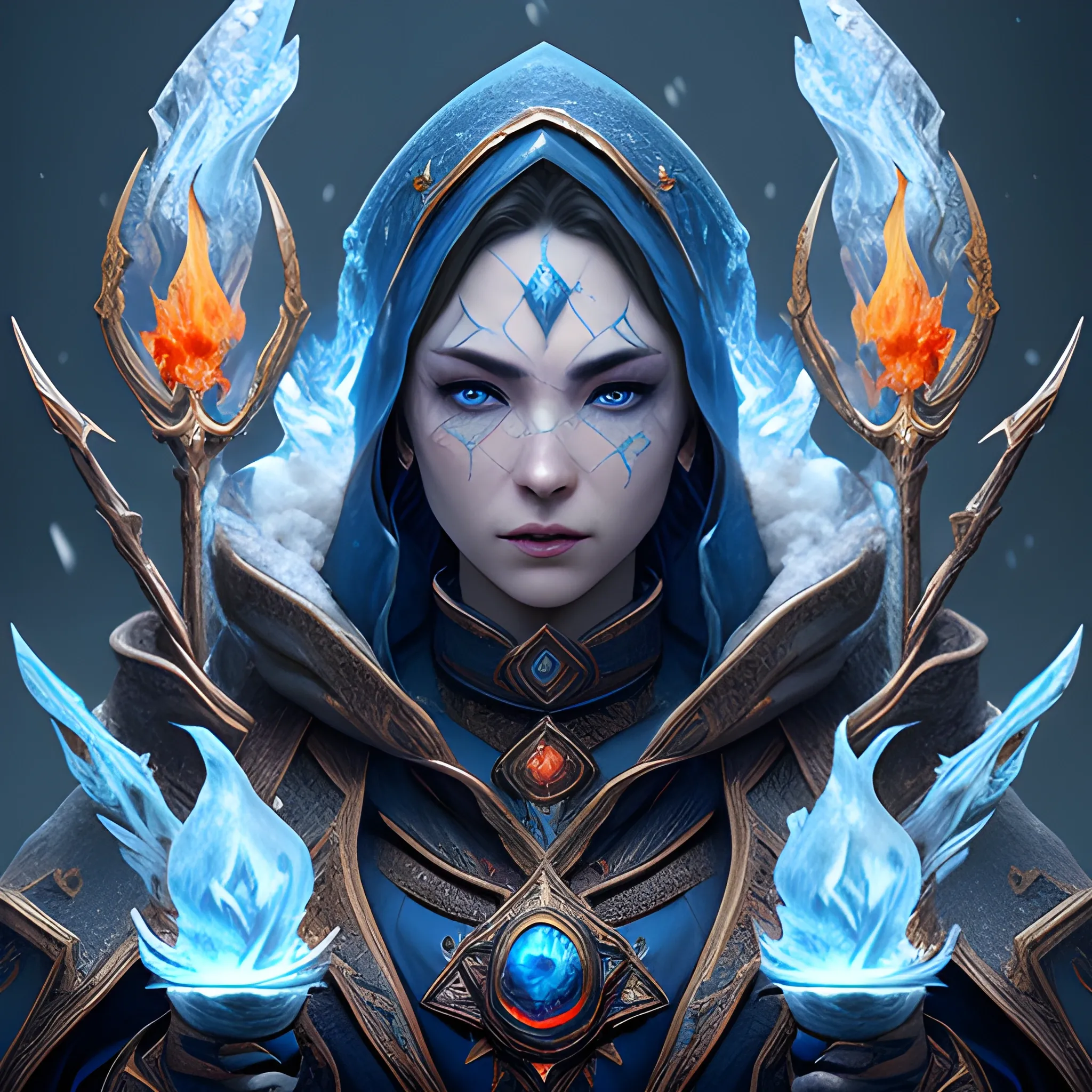 mage with three elements, fire, water, ice, thunder, snow, insane detailed face, view above waist, 8k, high resolution, high quality, detailed, detailed matte painting, deep color, fantastical, intricate detail, splash screen, complementary colors, fantasy concept art, 8k resolution trending on Artstation Unreal Engine 5
