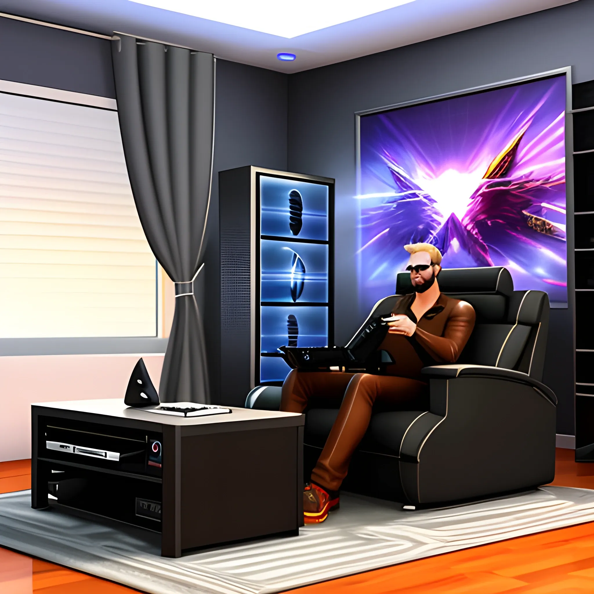 a small young little child 3d character full body sitting on his gaming pc in his own room, 3D