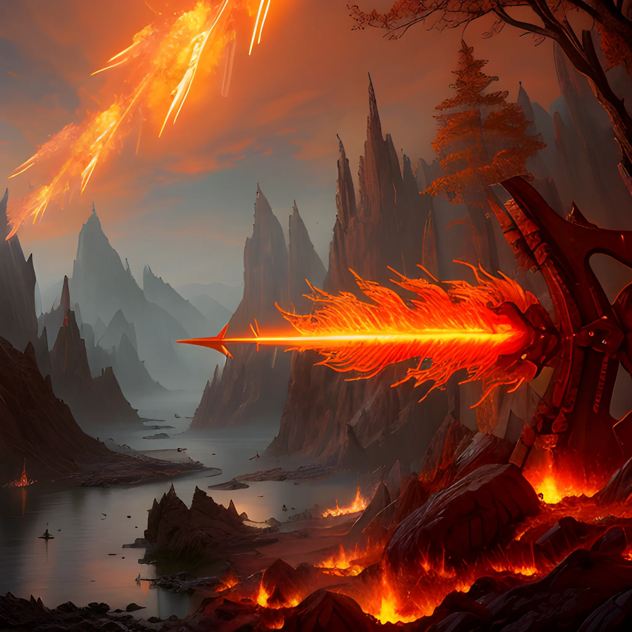 fire rain, fire arrows from sky, 8k, high resolution, high quality, detailed, detailed matte painting, deep color, fantastical, intricate detail, splash screen, complementary colors, fantasy concept art, 8k resolution trending on Artstation Unreal Engine 5