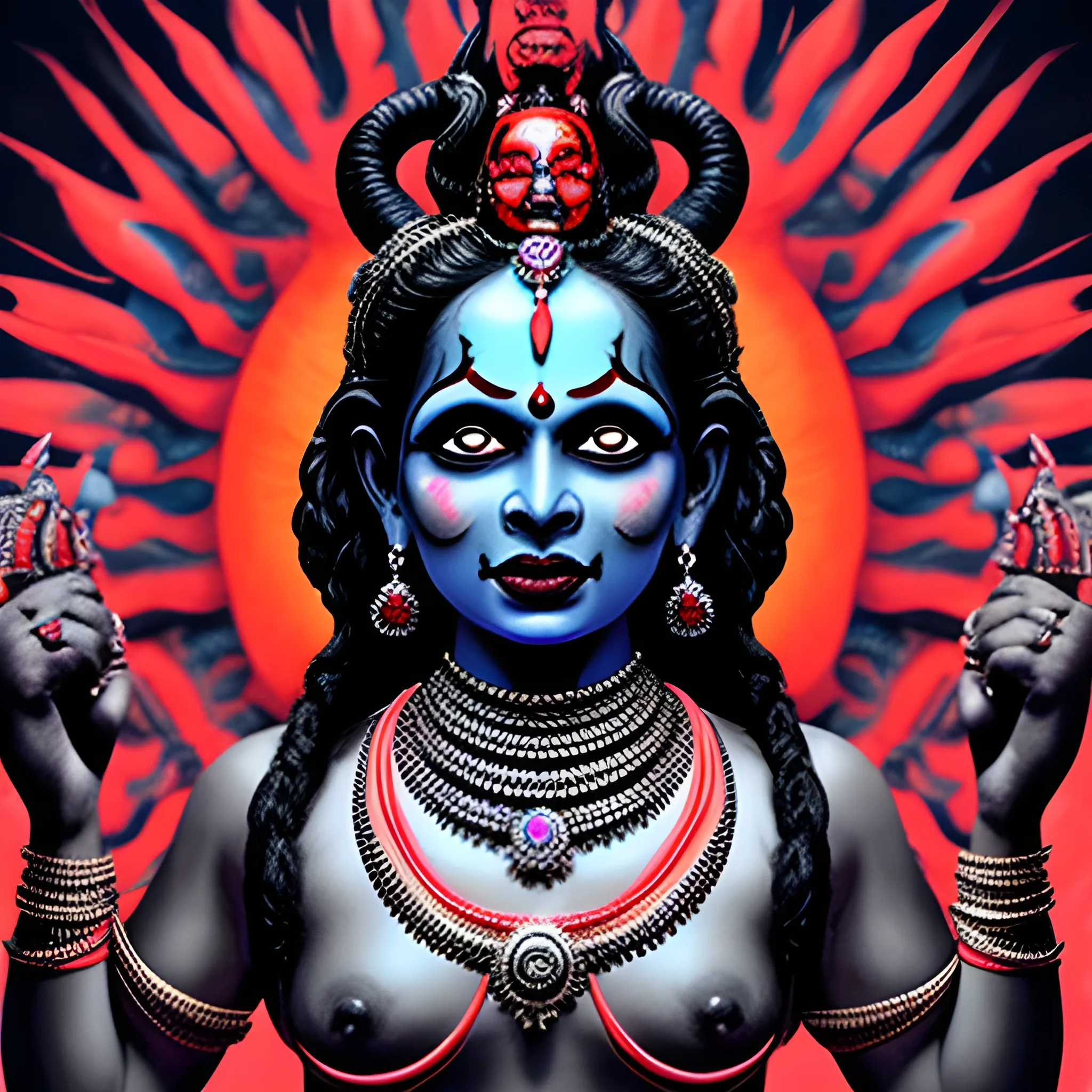 the goddess kali when she is very angry wearing a necklace of human heads , Trippy