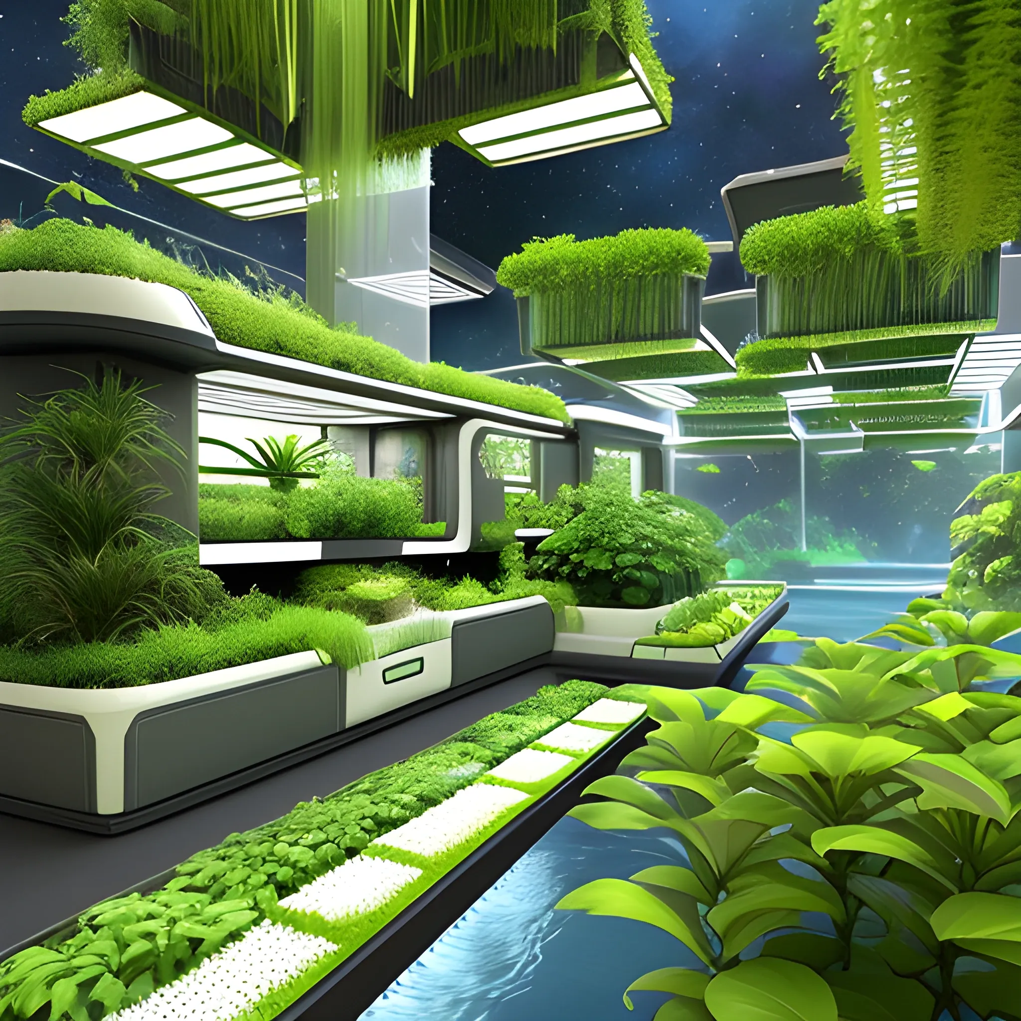 Create an image of a serene and peaceful space habitat, with plants growing in hydroponic gardens and people going about their daily lives. The scene should be filled with a sense of tranquility and contentment, as though this habitat is a little slice of home in the vastness of space., 3D, 3D, 3D, 3D, 3D