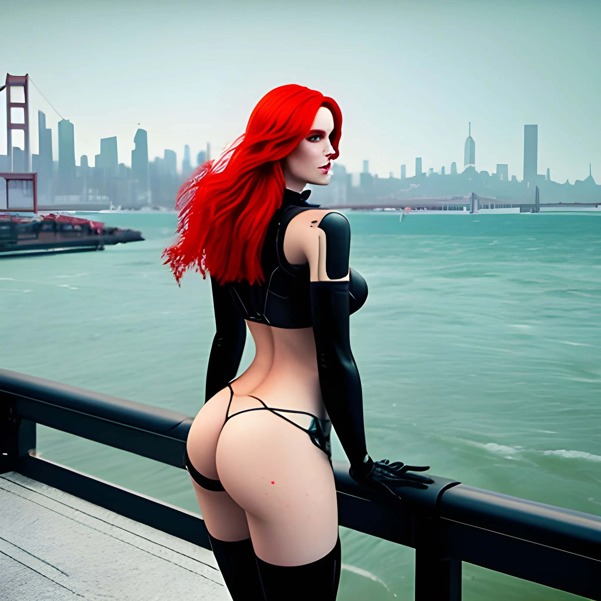 beautiful red-haired girl on the shore of the bay near the city in cyberpunk style