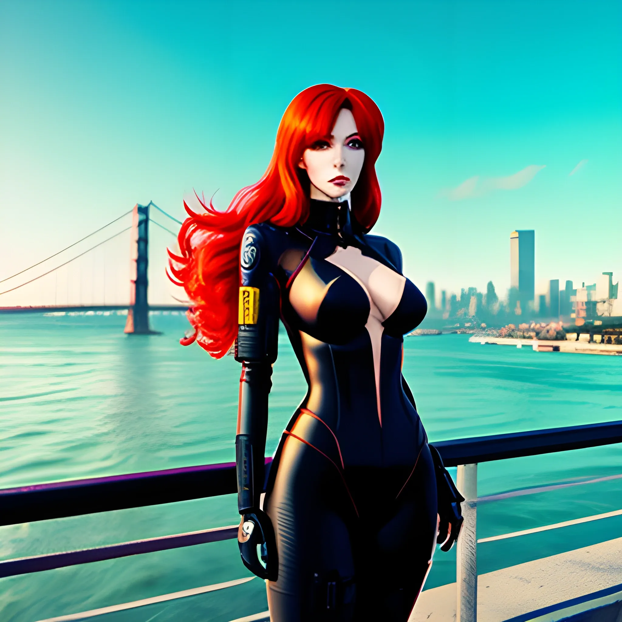 beautiful red-haired anime girl on the shore of the bay near the city in cyberpunk style