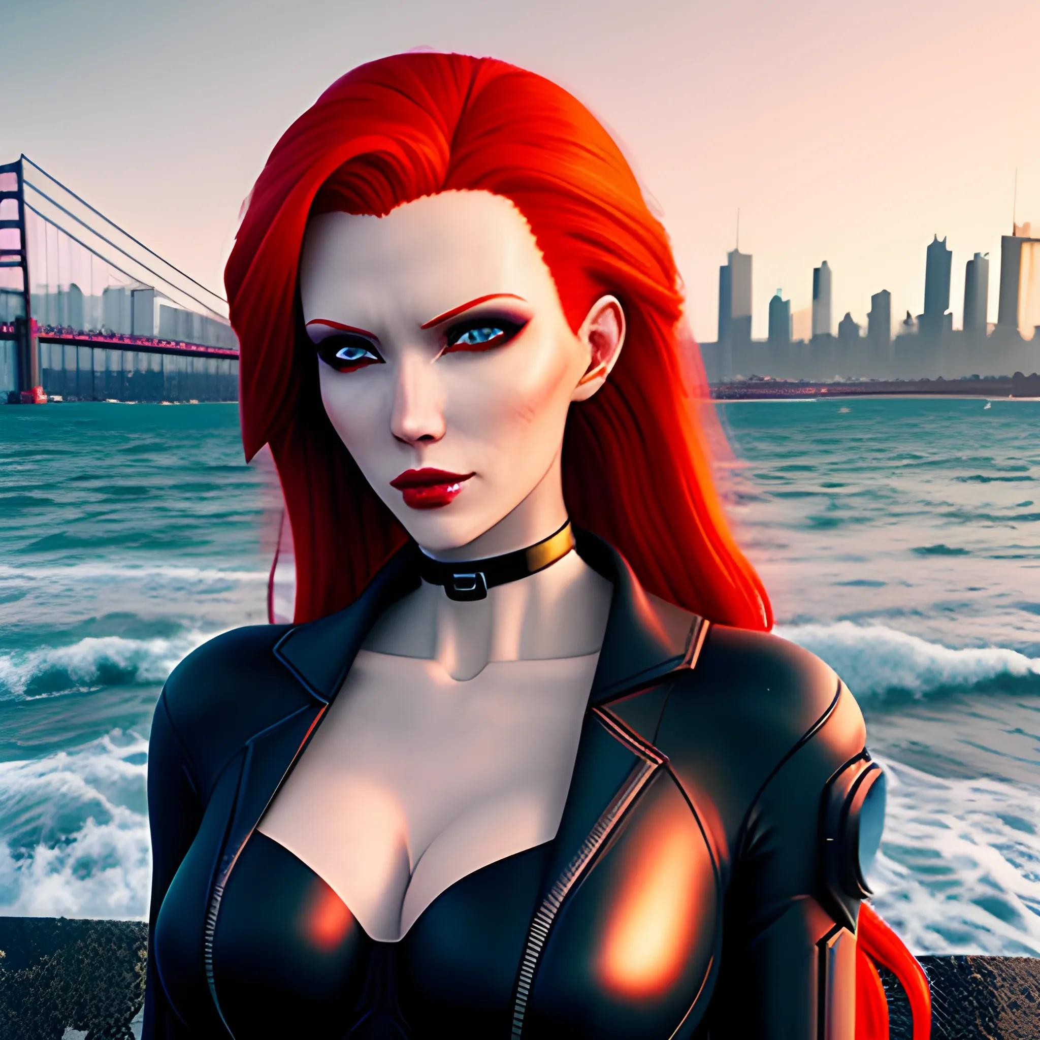 beautiful angel face red-haired anime girl on the shore of the bay near the city in cyberpunk style