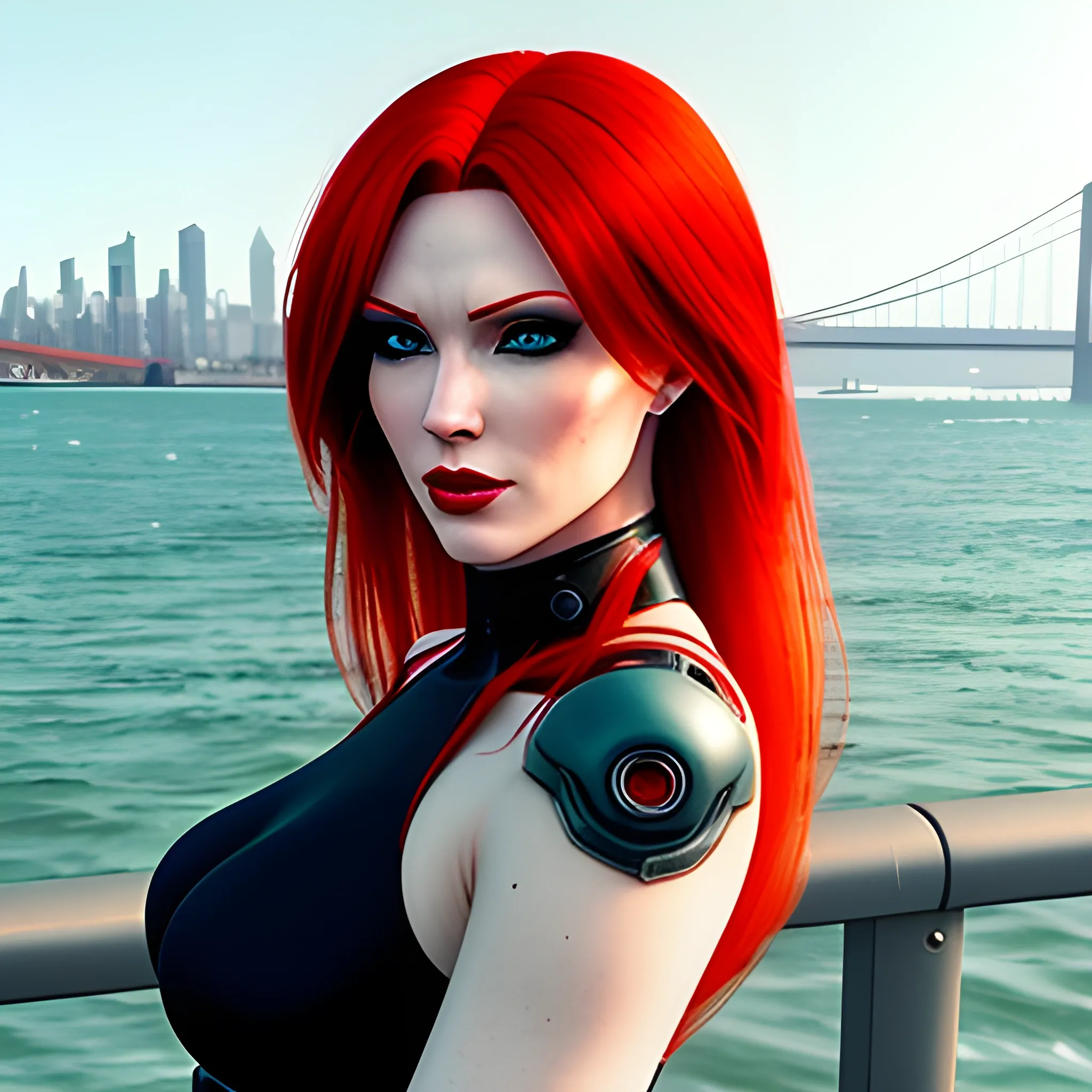 beautiful angel face red-haired anime girl on the shore of the bay near the city in cyberpunk style