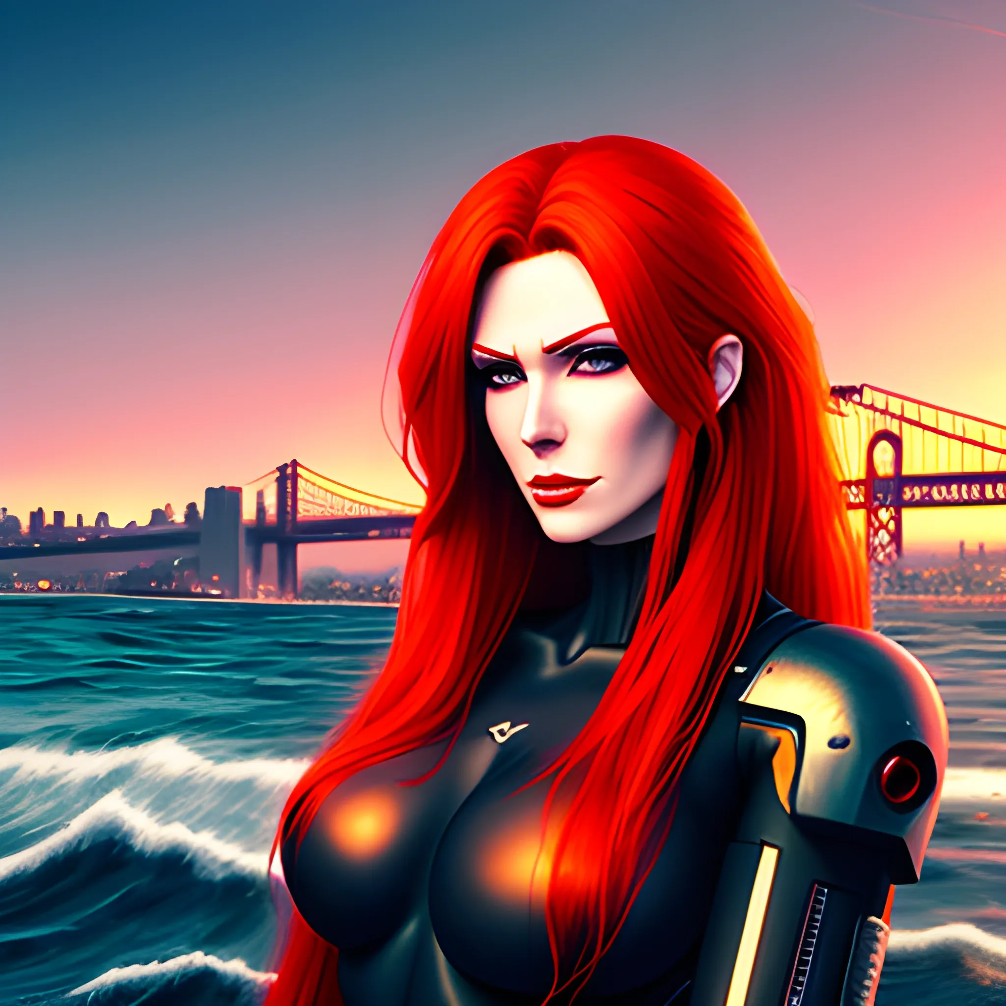 beautiful angel face red-haired anime girl on the shore of the bay near the city in cyberpunk style