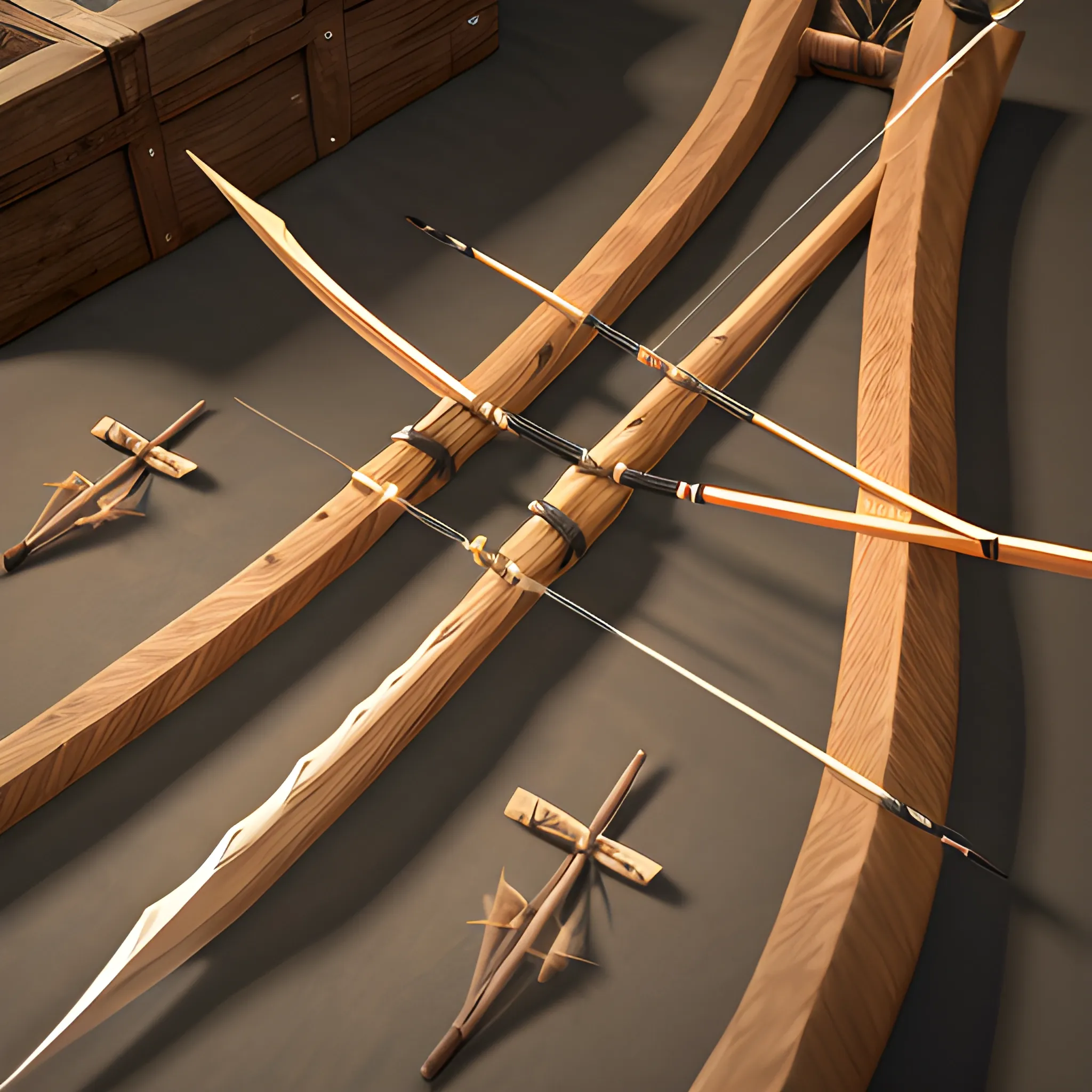 longbow and arrows, 8k, high resolution, high quality, detailed, photorealistic, hyperrealistic