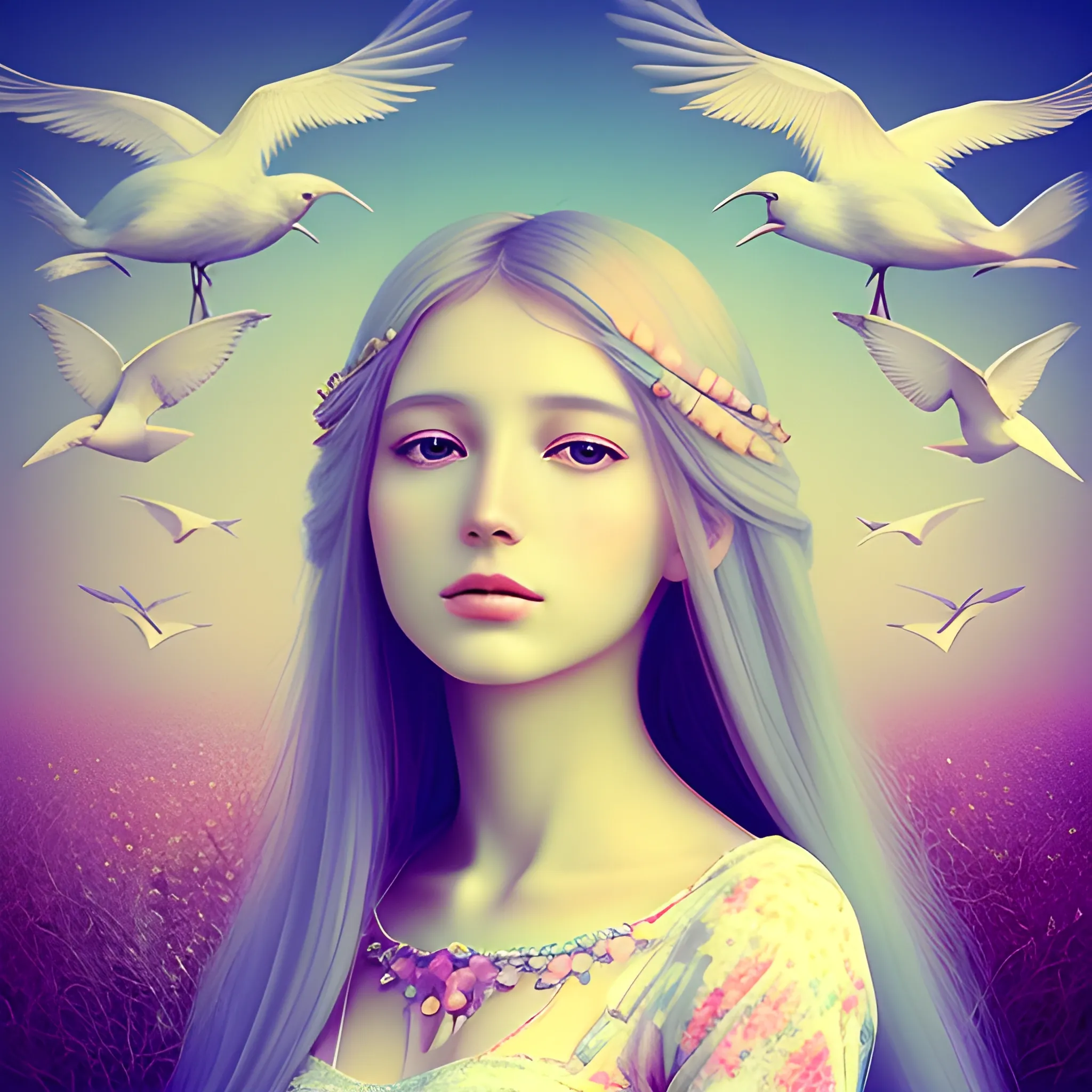 beautiful woman, peace, innocence, serenity, long hair, birds, surreal, pastel colors, high definition, stunning graphics