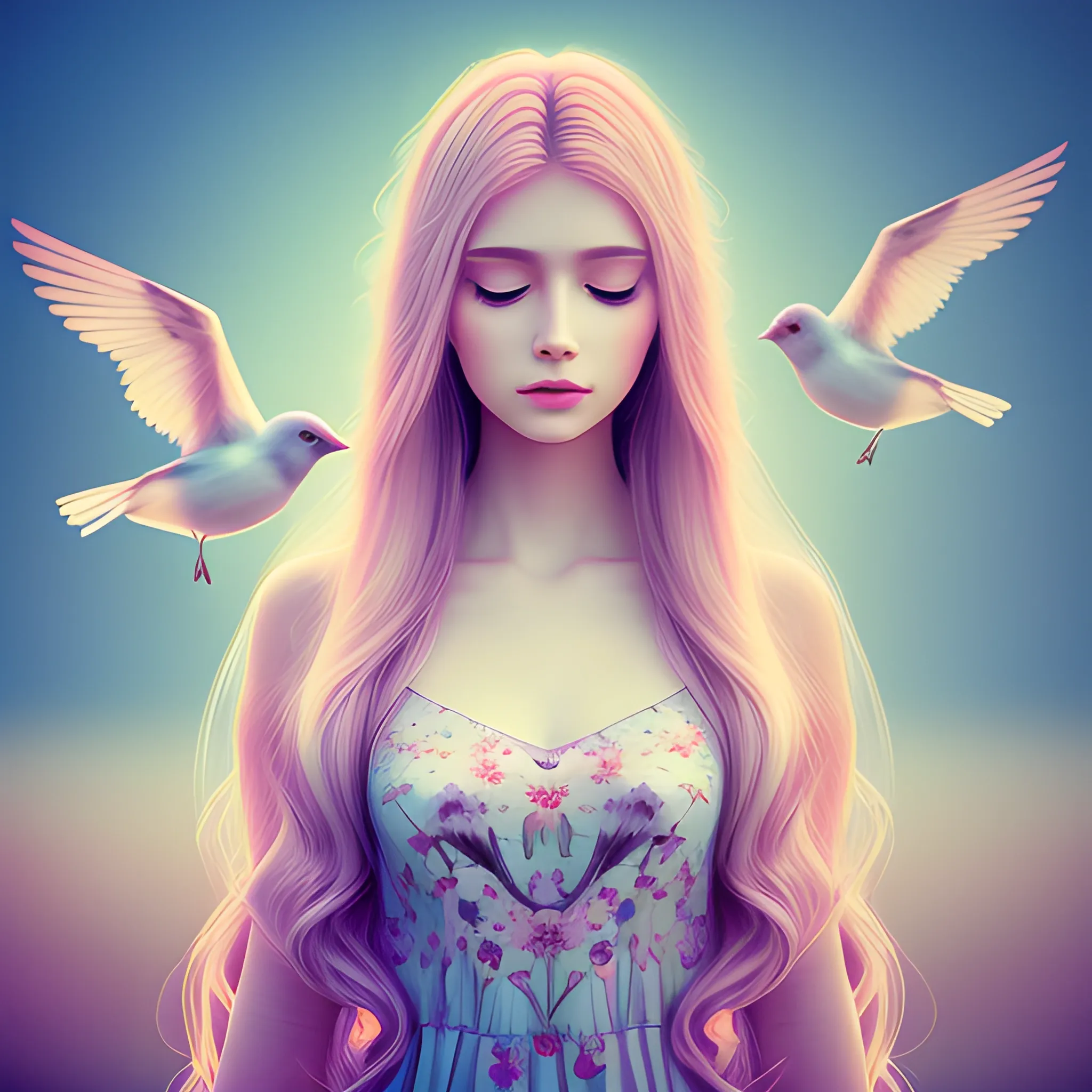 beautiful woman, peace, innocence, serenity, long hair, birds, surreal, pastel colors, high definition, stunning graphics, 3D