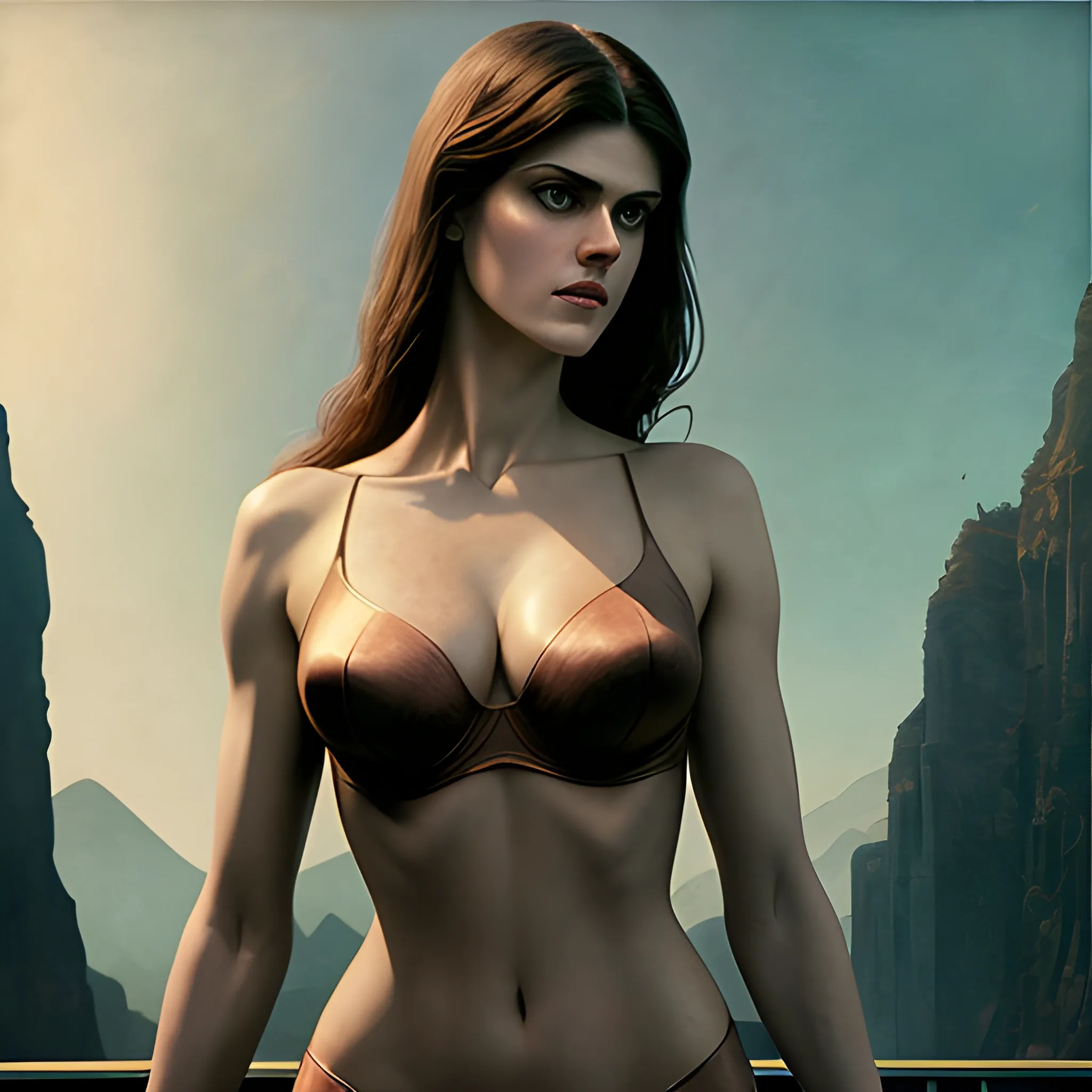 Photo of beautiful Alexandra Daddario in tiny silk underwear, gorgeous, frazetta, creature xenomorph monster fetus, art by Giotto Di Bondone, Filip Hodas, art by Tommaso Masaccio, High detail + Sony Alpha α7, art by Joseph-mallord William Turner, 3D