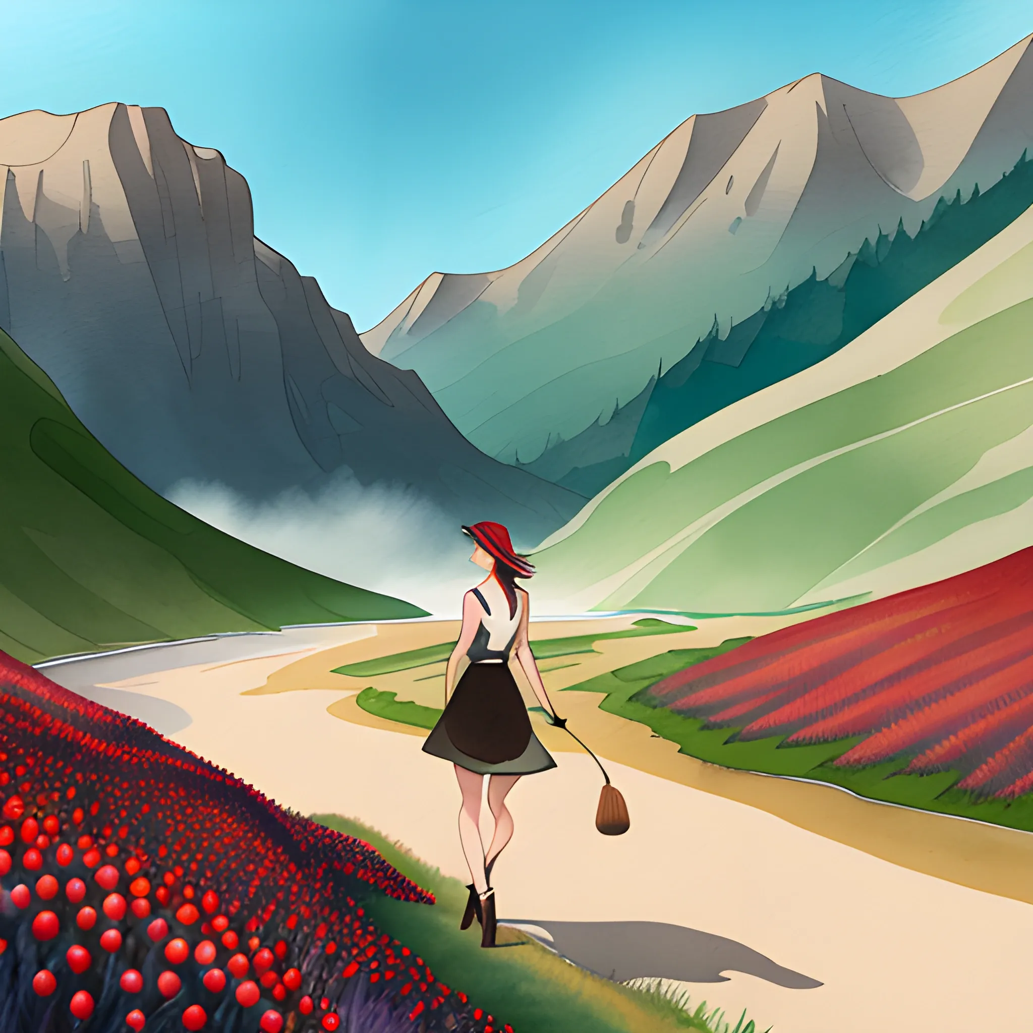 Create an illustration of a little girl wandering in a vast landscape with small brooks, creeks, and streams nearby. red berries. The girl should have symmetrical and beautiful eyes, clear contours, and rich details throughout her entire body. The illustration should be captured with a DSLR camera in 4K resolution and treated with a hand-drawn watercolor style., Cartoon