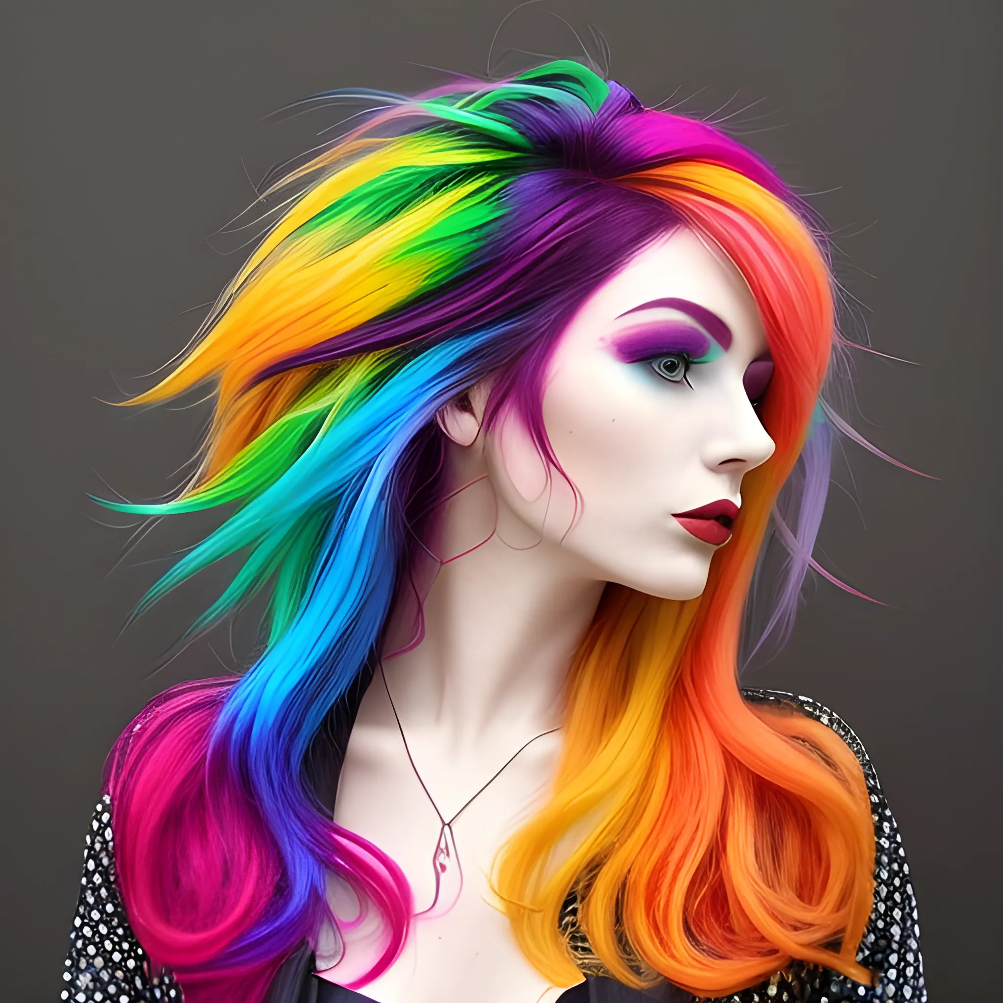 the woman is wearing multicolored hair, vibrant color scheme