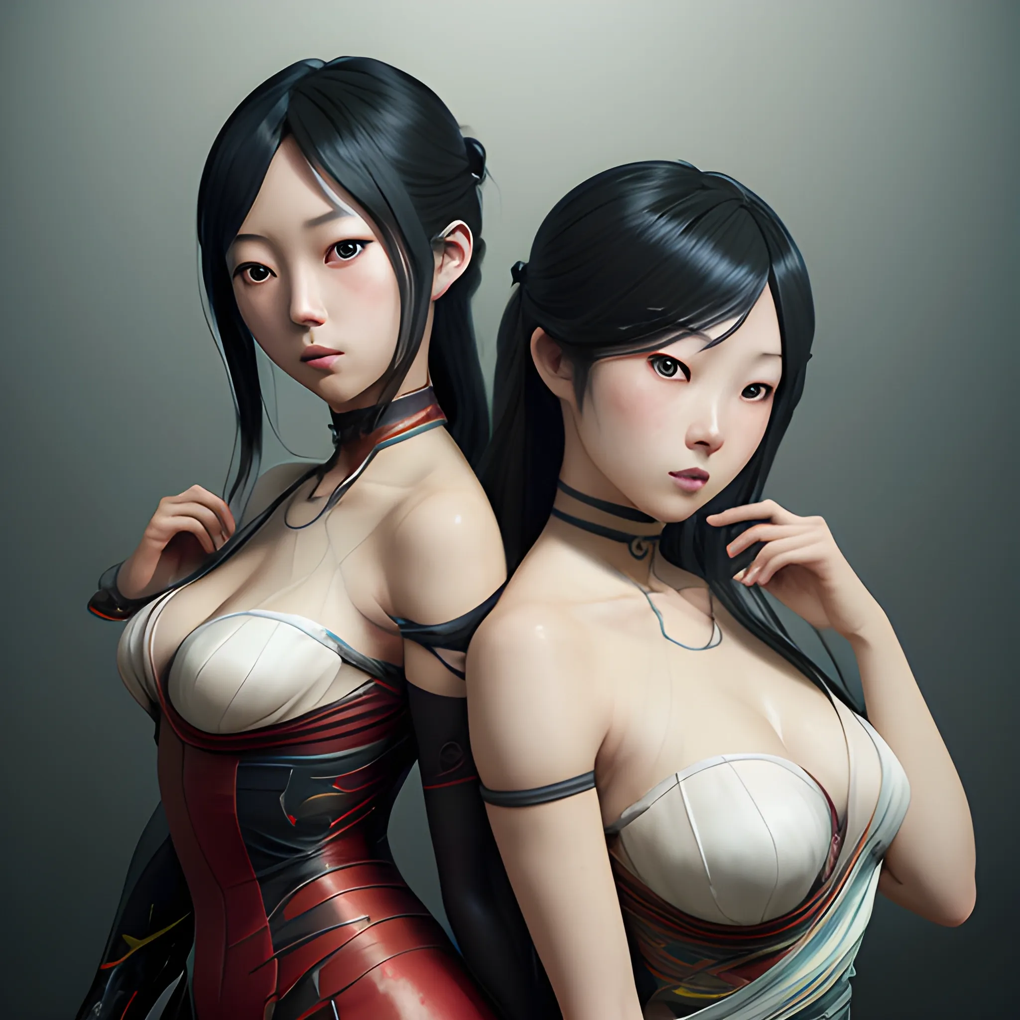 two classical japanese female musicians, full figure, fit, spandex, black stockings, choker, long hair, classy,  beautiful faces, manga eyes, open mouth, chaotic messy background, Greg Rutkowski art, warm colors, red stage illumination,, 3D Artgerm, WLOP, Alphonse Mucha dynamic lighting hyperdetailed intricately detailed Splash art trending on Artstation triadic colors Unreal Engine 5 volumetric lighting", hyper realistic, intricate detail