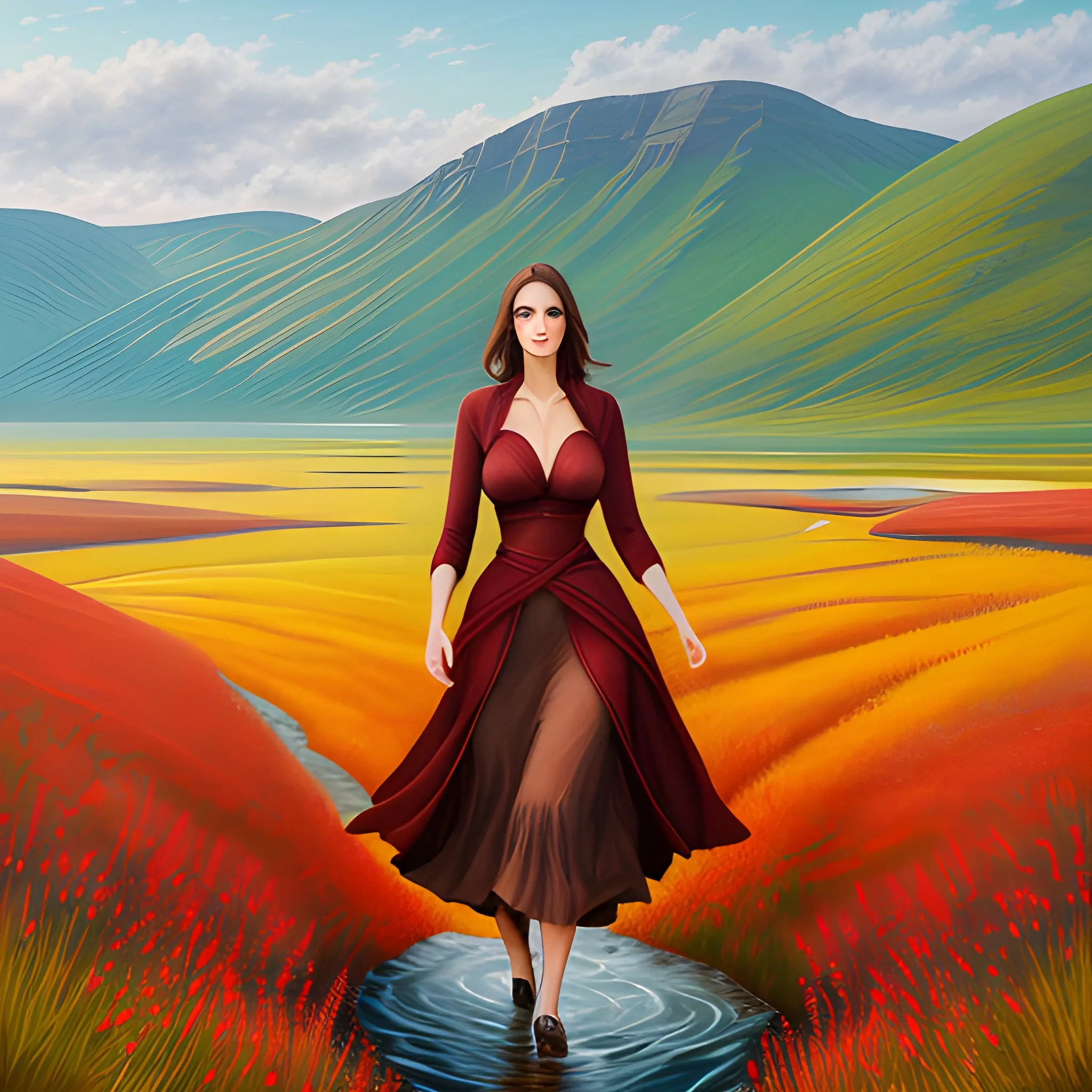 Create an illustration of a little girl wandering in a vast landscape with small brooks, creeks, and streams nearby. red berries. The girl should have symmetrical and beautiful eyes, clear contours, and rich details throughout her entire body, especially her hand. The illustration should be captured with a DSLR camera in 4K resolution , Oil Painting