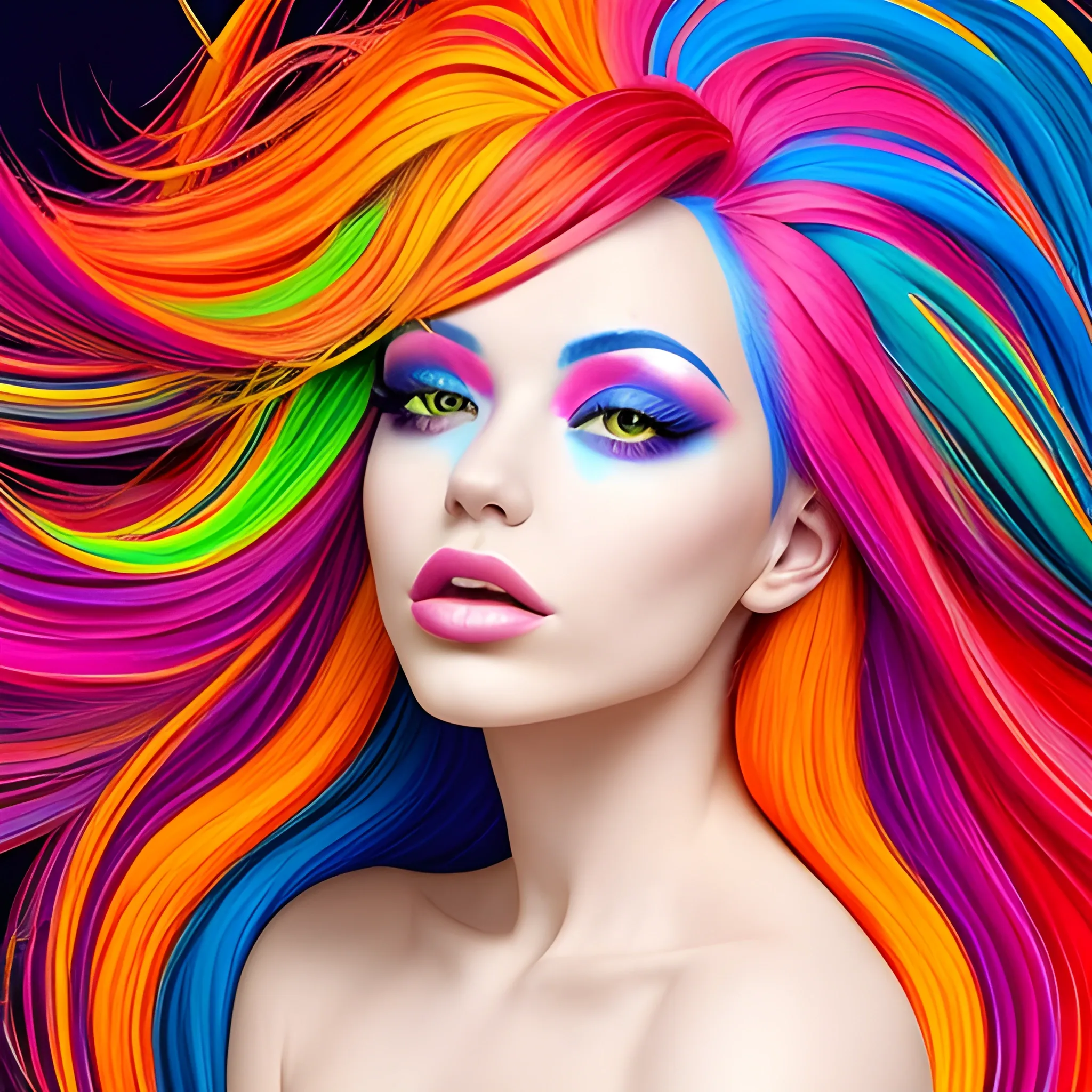 Nude Artistic Woman Is Wearing Colorful Hair in a Vibrant Color Scheme