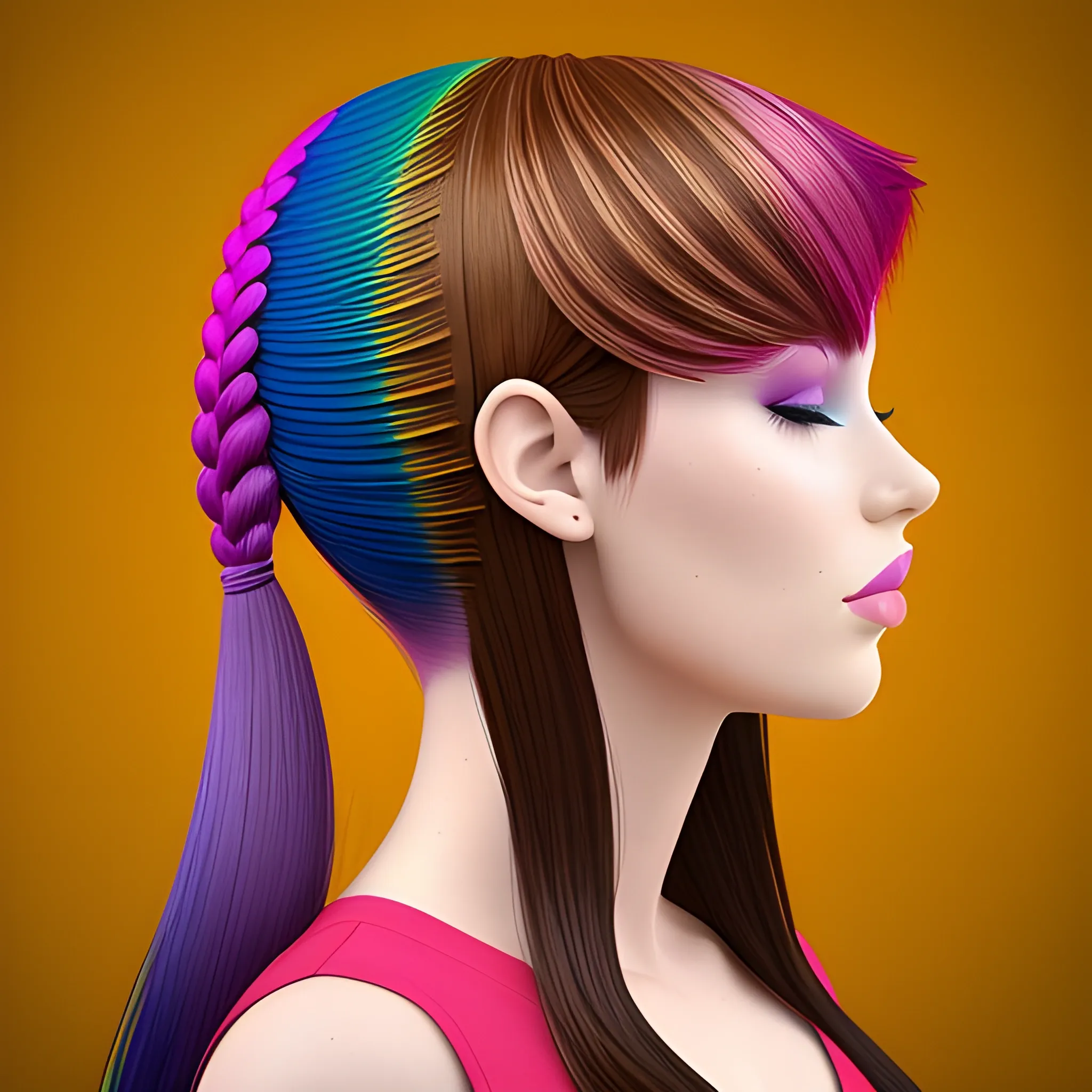 Artistic woman is brunette wearing colorful hair mix, vibrant color scheme, 3D