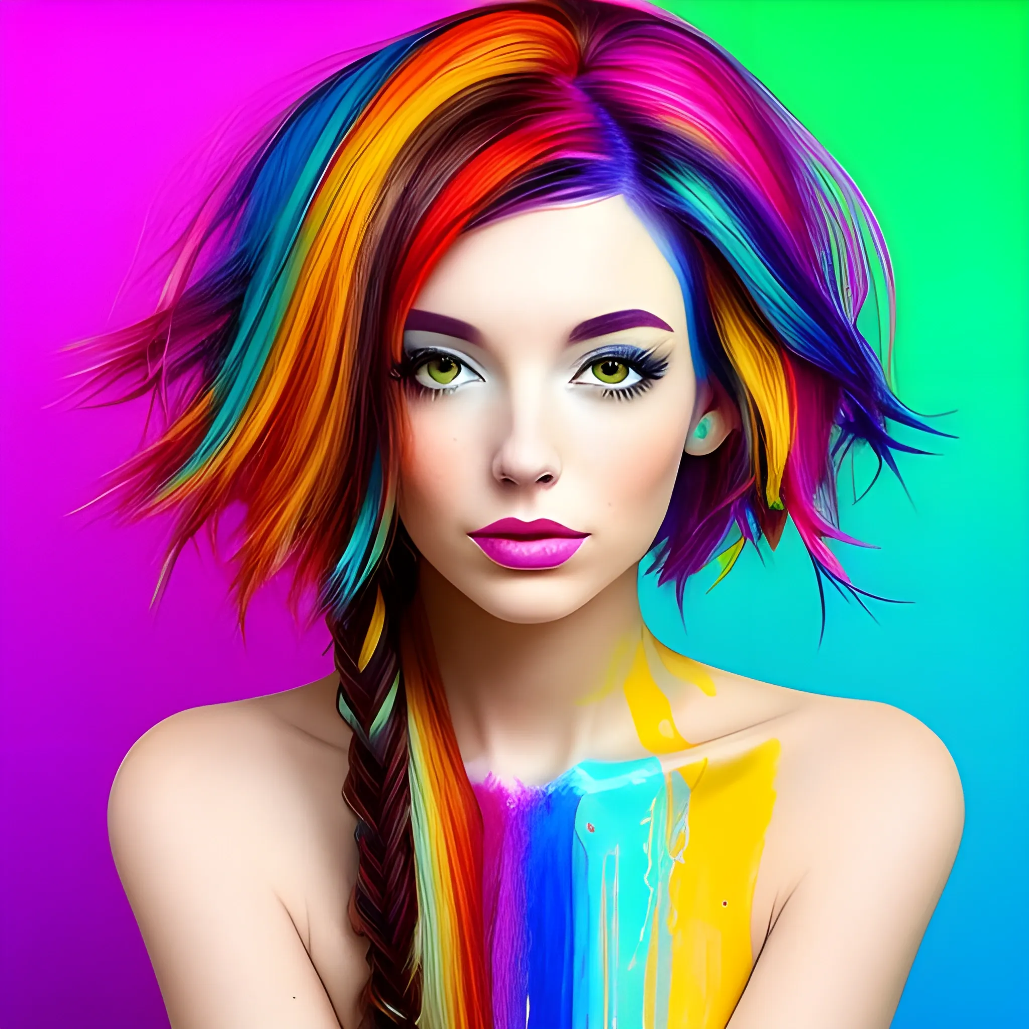 Artistic woman is brunette wearing colorful hair mix, vibrant color scheme