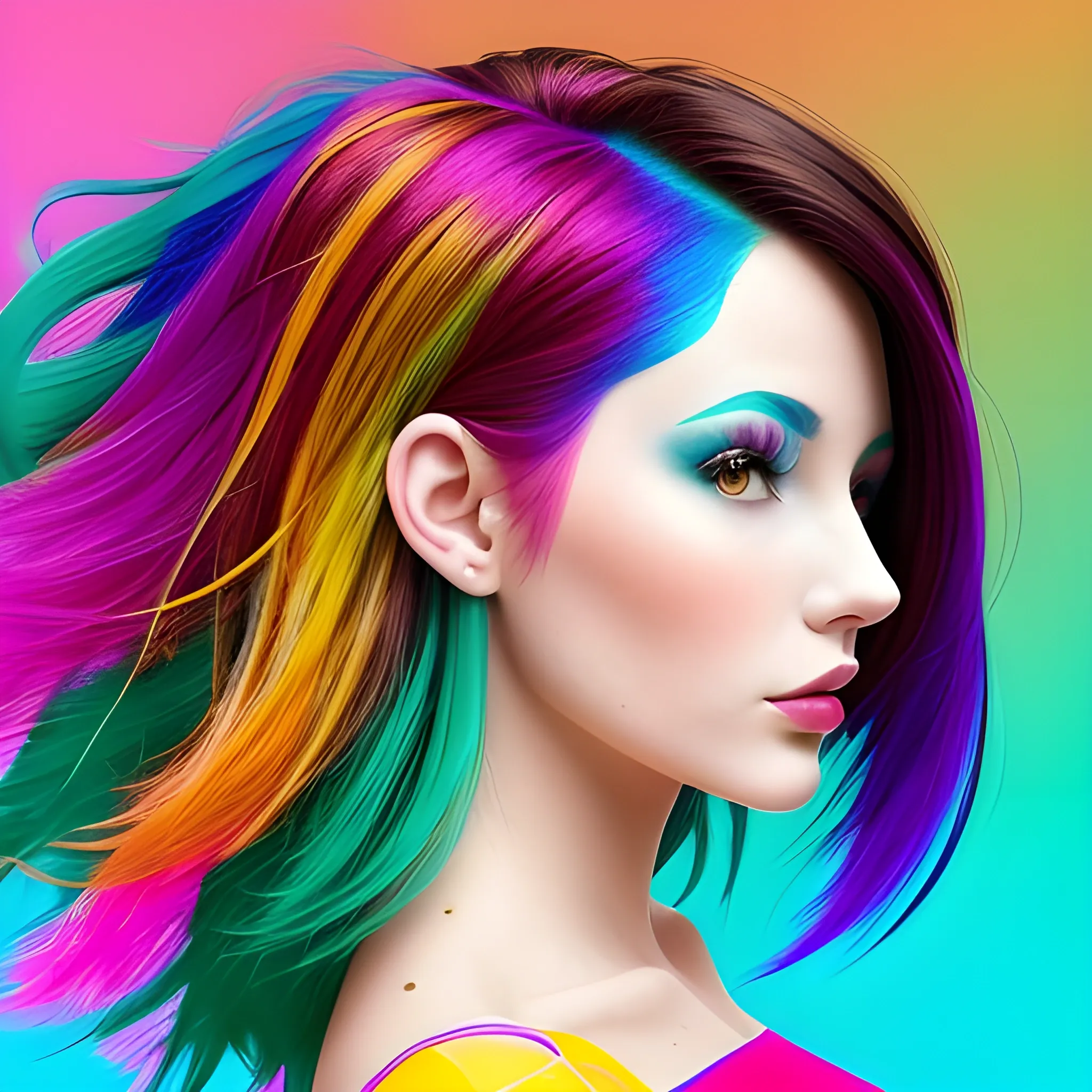 Artistic woman is brunette wearing colorful hair mix, vibrant color scheme