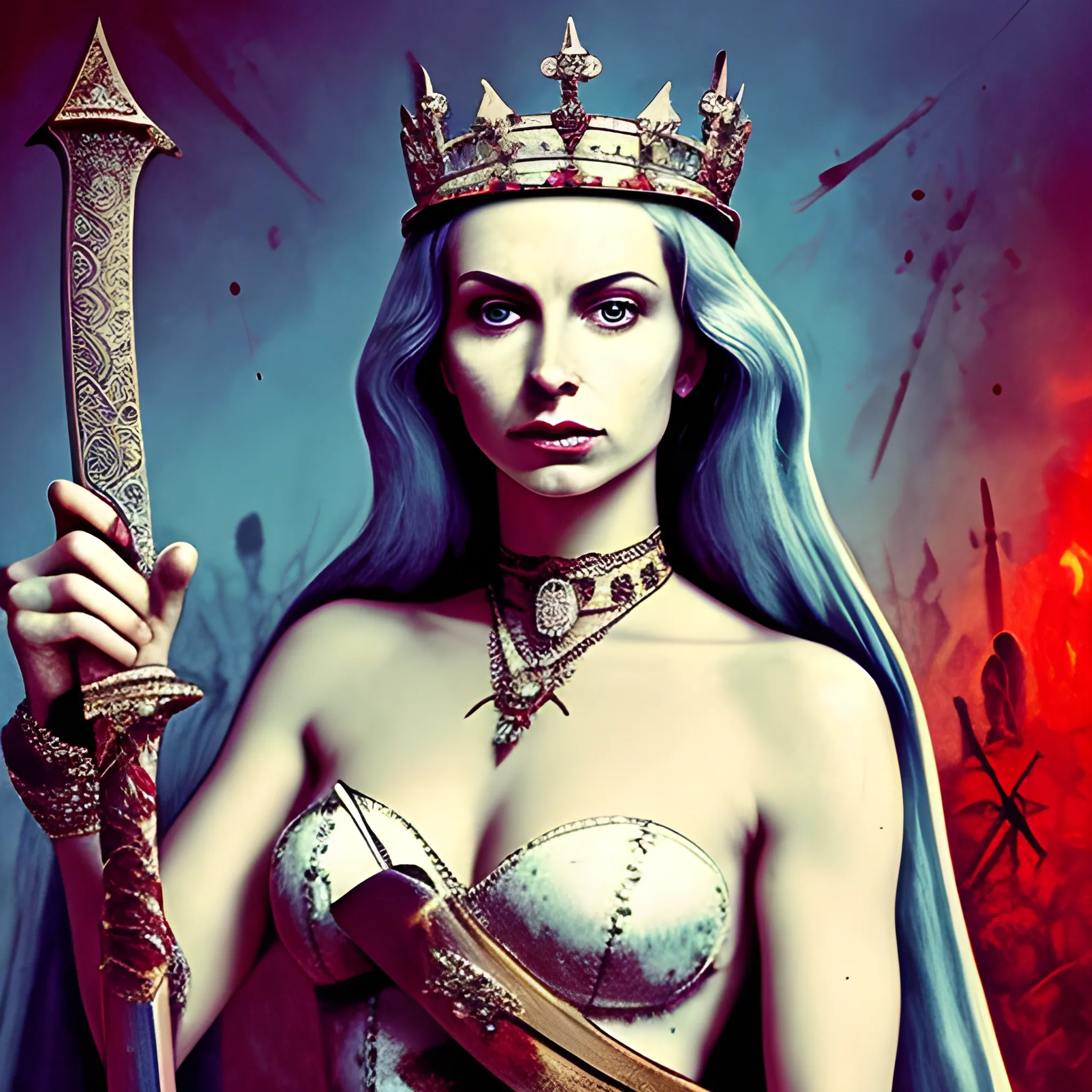 Queen beautiful holding a sword with blood on it. , Trippy