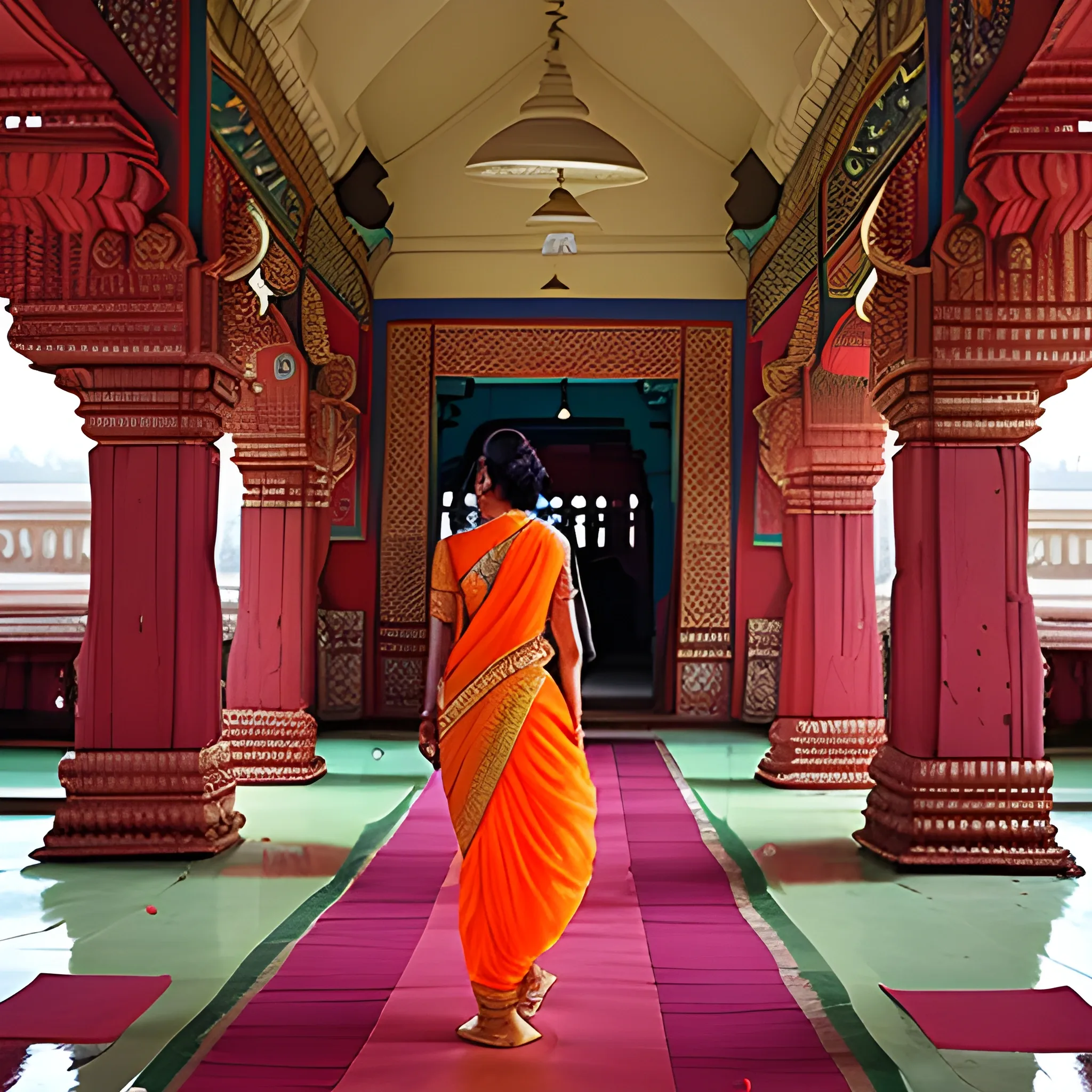 A women wearing saree walk inside a hindu temple
