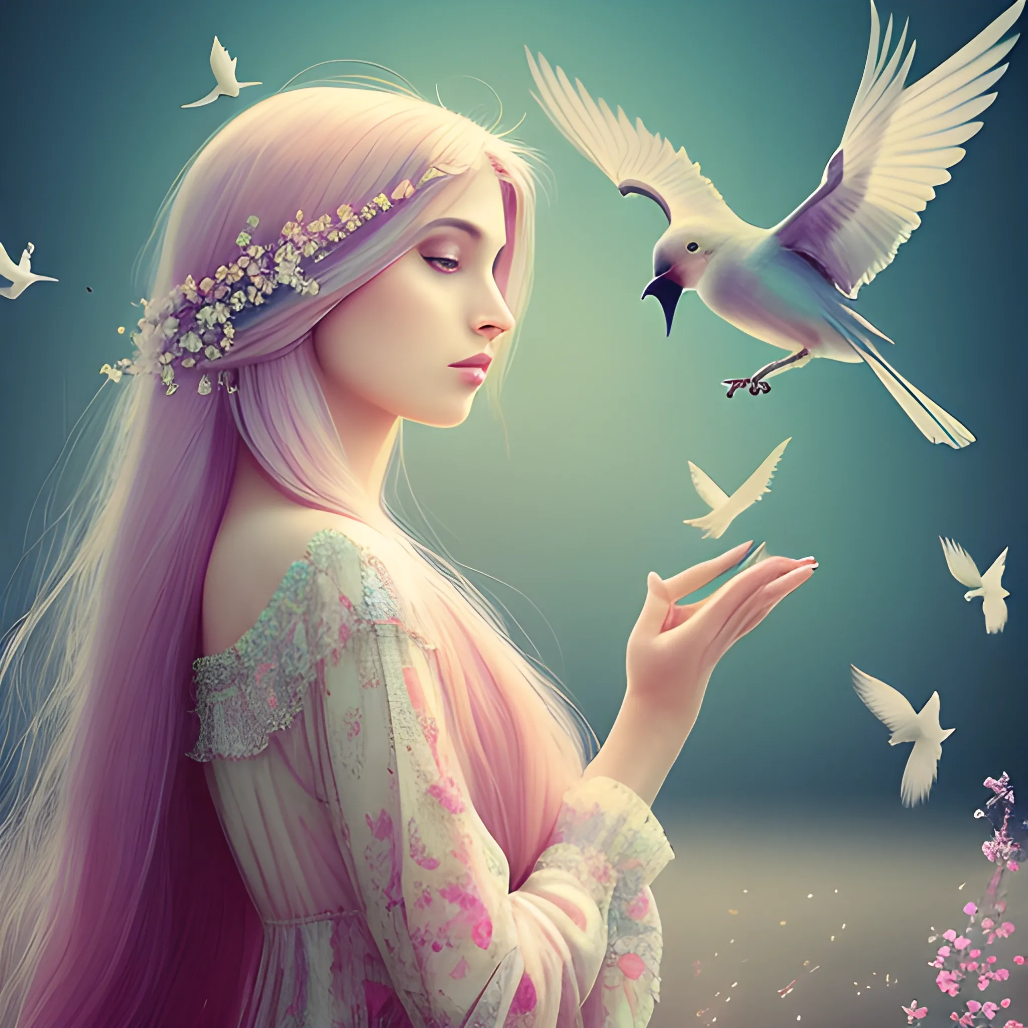 beautiful woman, peace, innocence, serenity, long hair, birds, surreal, pastel colors, high definition, stunning graphics