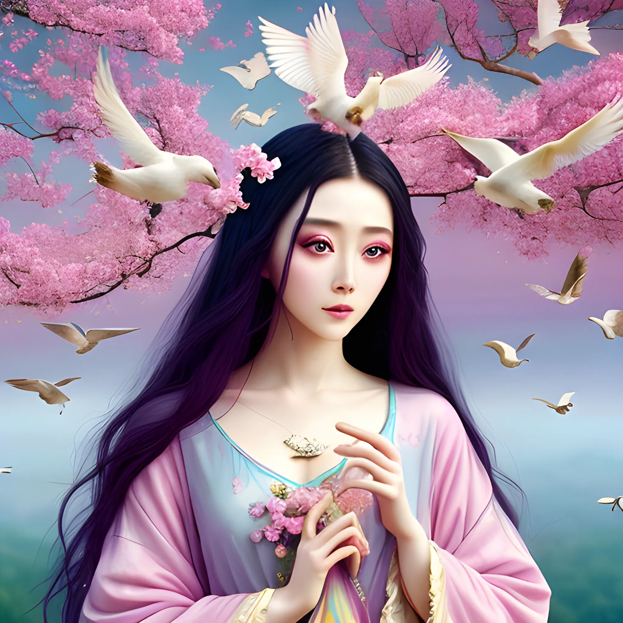 beautiful Fan BingBing, peace, innocence, serenity, long hair, birds, surreal, pastel colors, high definition, stunning graphics