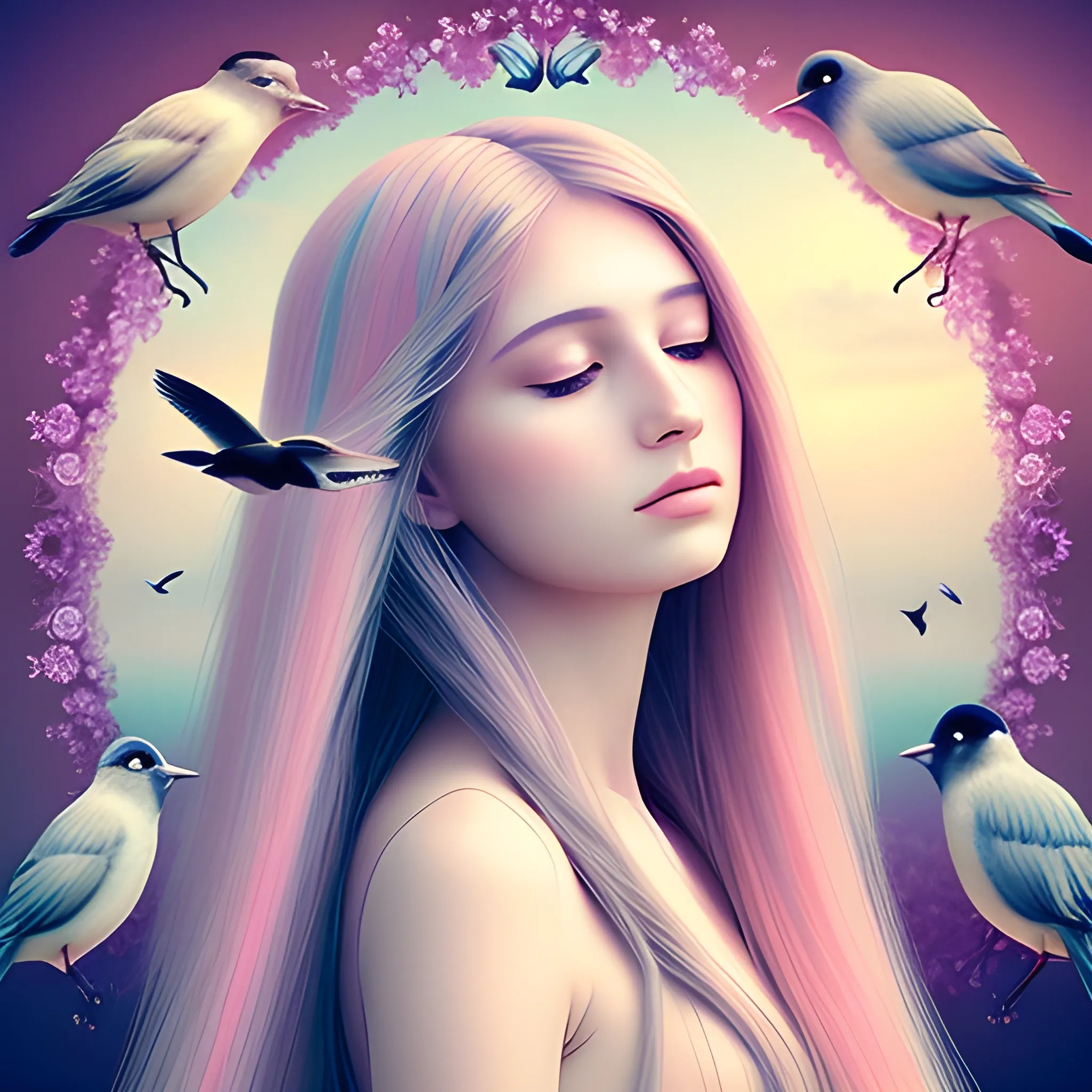 beautiful woman, peace, innocence, serenity, long hair, birds, surreal, pastel colors, high definition, stunning graphics