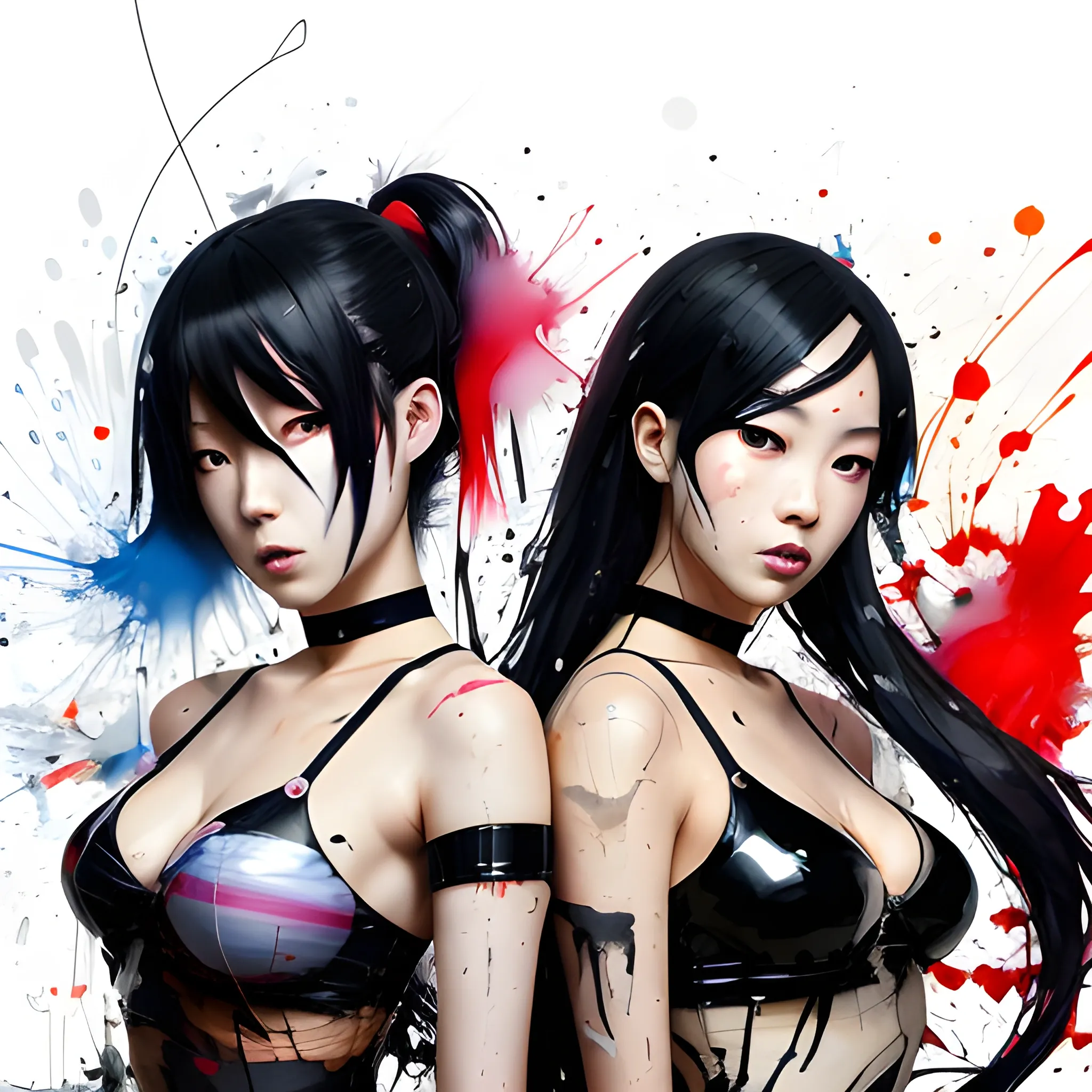 two modern japanese female musicians, full figure, fit, latex, legs, black stockings, choker, long hair, classy,  beautiful faces, manga eyes, open mouth, chaotic messy background, sinister by Greg Rutkowski graffiti art, splash art, street art, spray paint, oil gouache melting, acrylic, high contrast, colorful polychromatic, ultra detailed, ultra quality, CGSociety