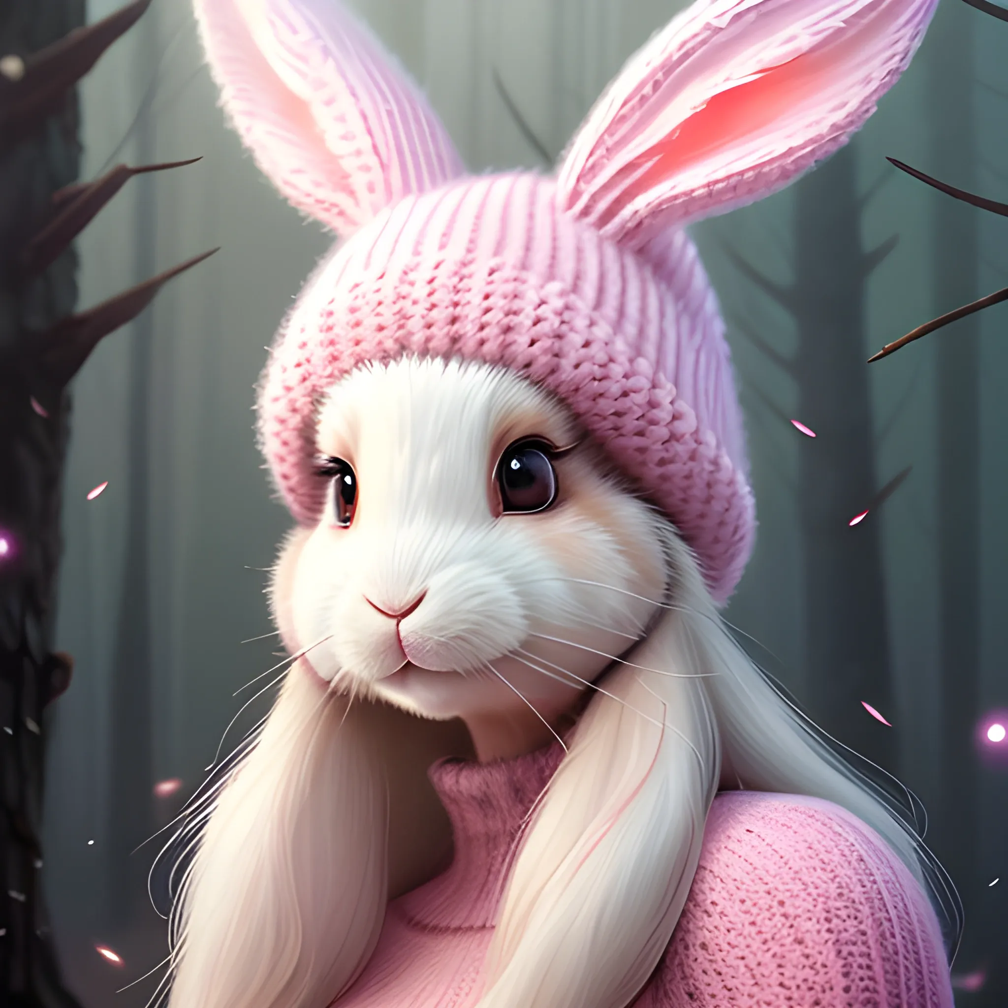 2 bunny,Pink cute bunny in a knitted hat, in the midst of flickering lights, a magical forest, lilac fog, wide angle, super highly detailed, professional digital painting, artstation, concept art, smooth, sharp focus, no blur, no dof, extreme illustration, Unreal Engine 5, Photorealism, HD quality, 8k resolution, cinema 4d, 3D, beautiful, cinematic, art by artgerm and greg rutkowski