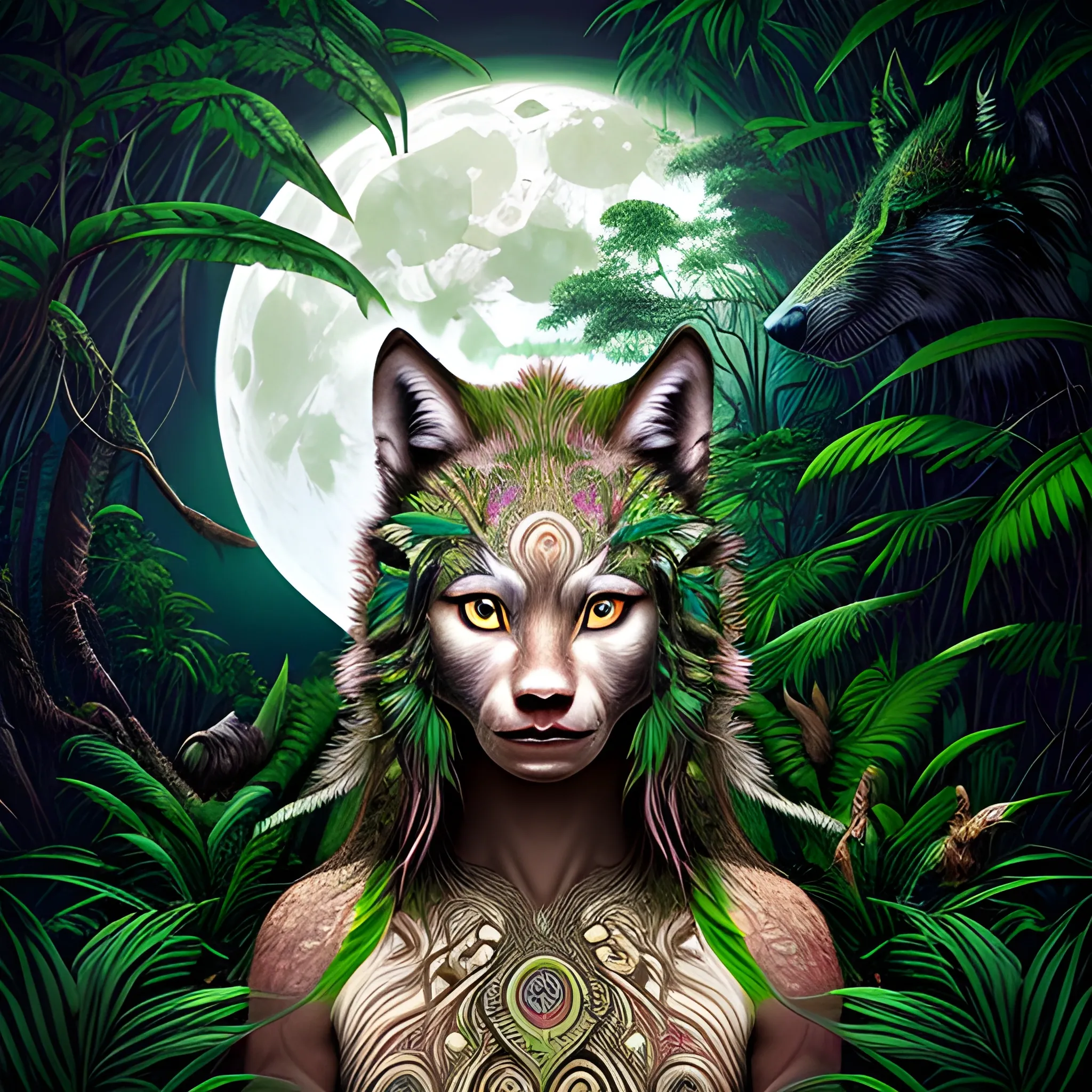 hyper realistic, one with nature, half wolf half woman under the full moon, jungle surrounding, ayahuasca art, intricate, fractal in the background