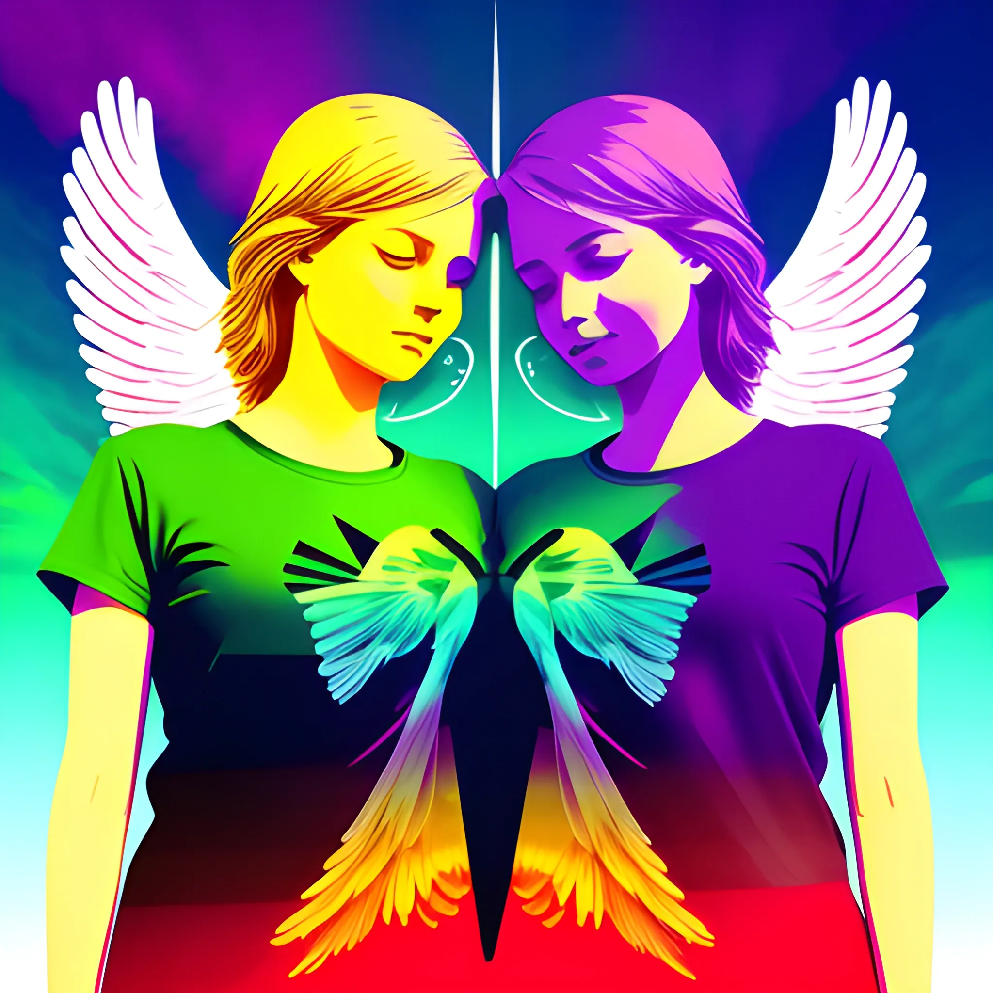 t-shirt vector. a colorful Double exposure photography of a [majestic angels] and [heavens door], sharp focus, black background, double exposure photography