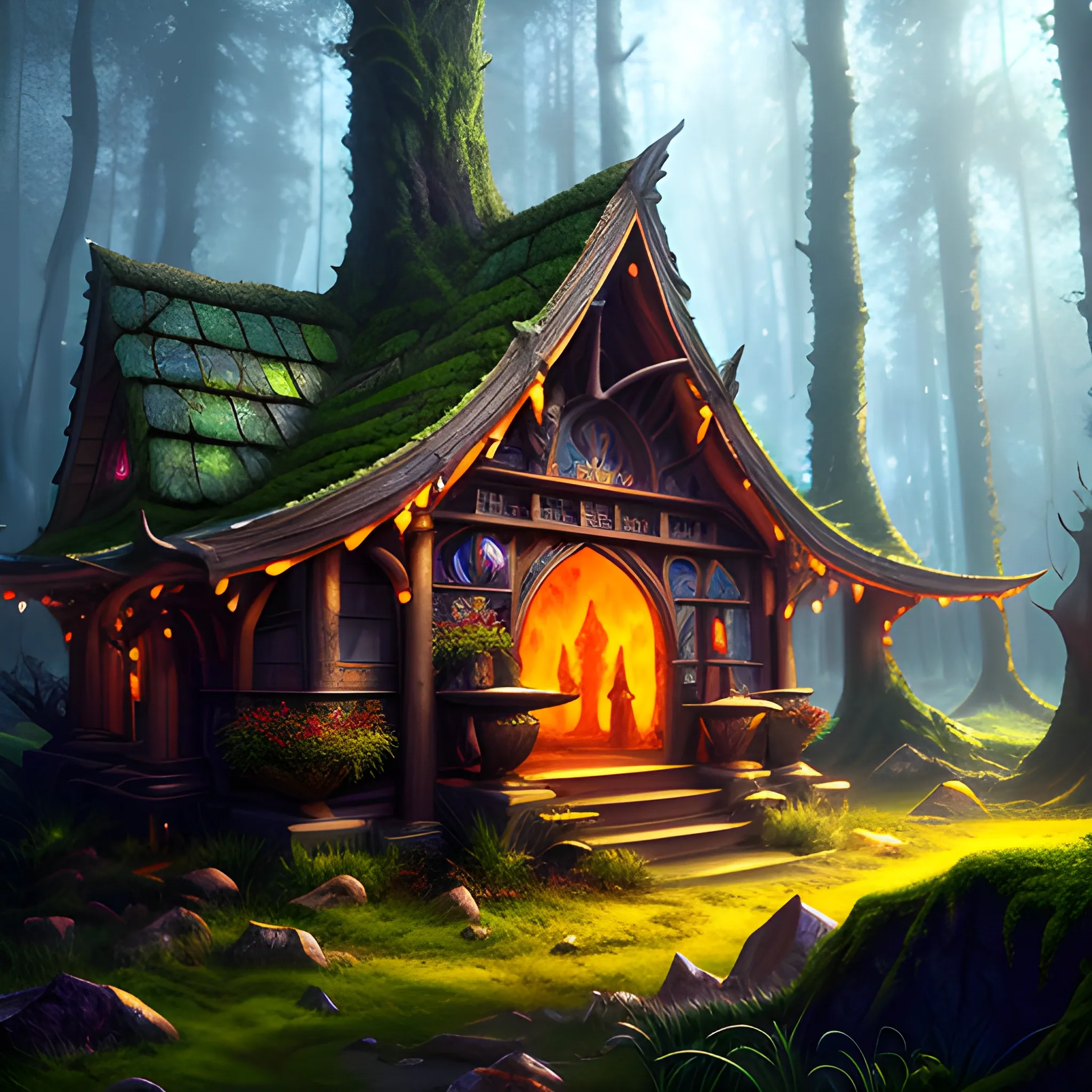 spell, magic, small magic hut, forest in the background,high fantasy, full bodies view, insane detailed faces, 8k, high resolution, high quality, detailed, detailed matte painting, deep color, fantastical, intricate detail, splash screen, complementary colors, fantasy concept art, 8k resolution trending on Artstation Unreal Engine