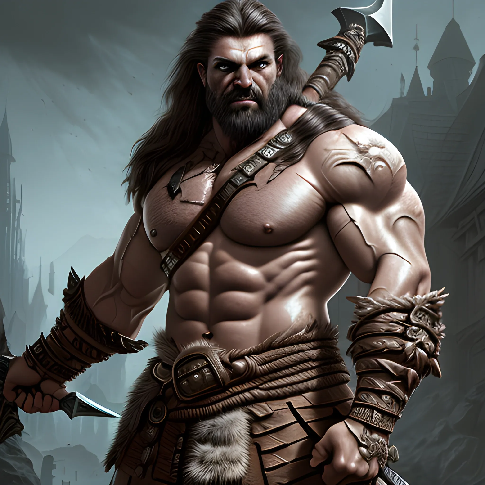 muscled barbarian with huge sword, insane detailed face, view above waist, 8k, high resolution, high quality, photorealistic, hyperrealistic, detailed, detailed matte painting, deep color, fantastical, intricate detail, splash screen, complementary colors, fantasy concept art, 8k resolution trending on Artstation Unreal Engine