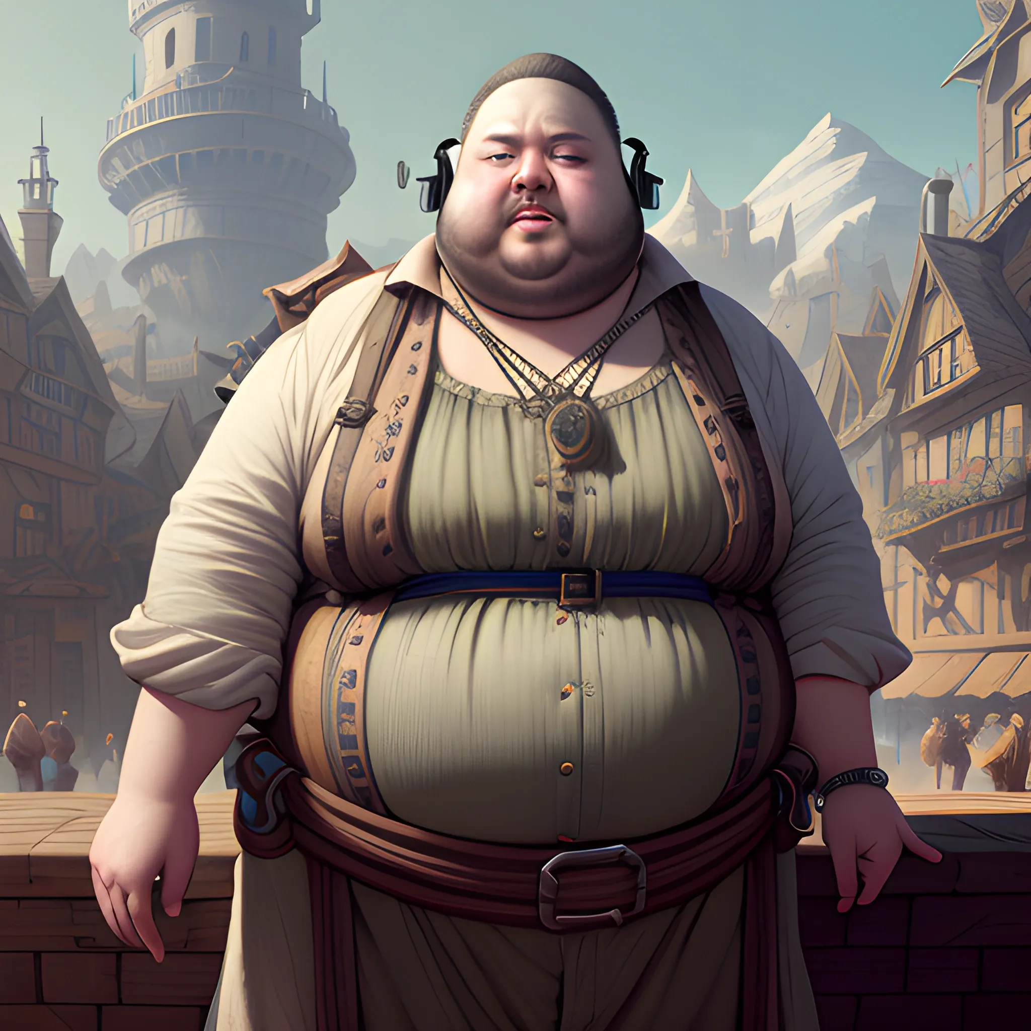 fat merchant with bags, insane detailed face, view above waist, 8k, high resolution, high quality, photorealistic, hyperrealistic, detailed, detailed matte painting, deep color, fantastical, intricate detail, splash screen, complementary colors, fantasy concept art, 8k resolution trending on Artstation Unreal Engine