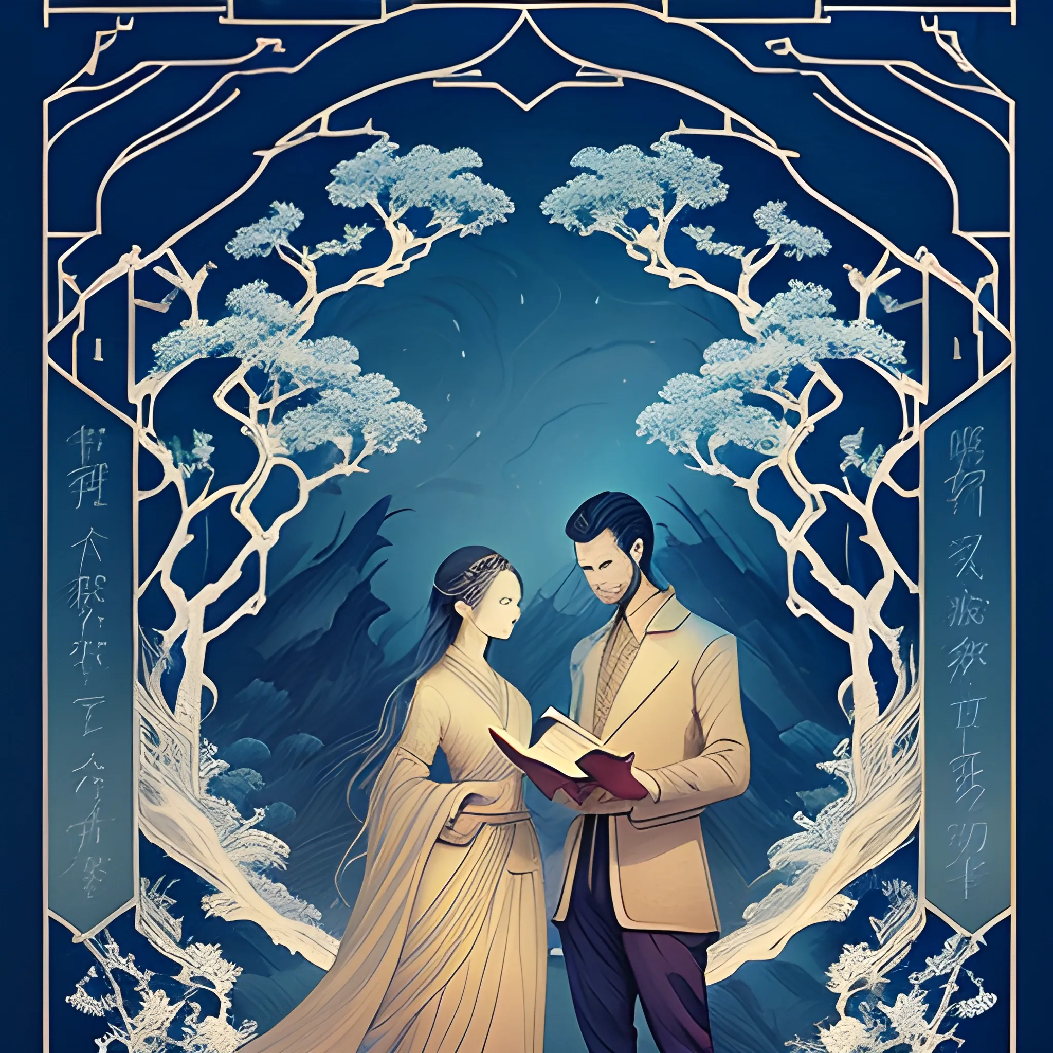 A man and a woman holds a book in the style of an epic fantasy scene, chinoiserie, ethereal illustration, swirls, to bring light to the world when night falls, 