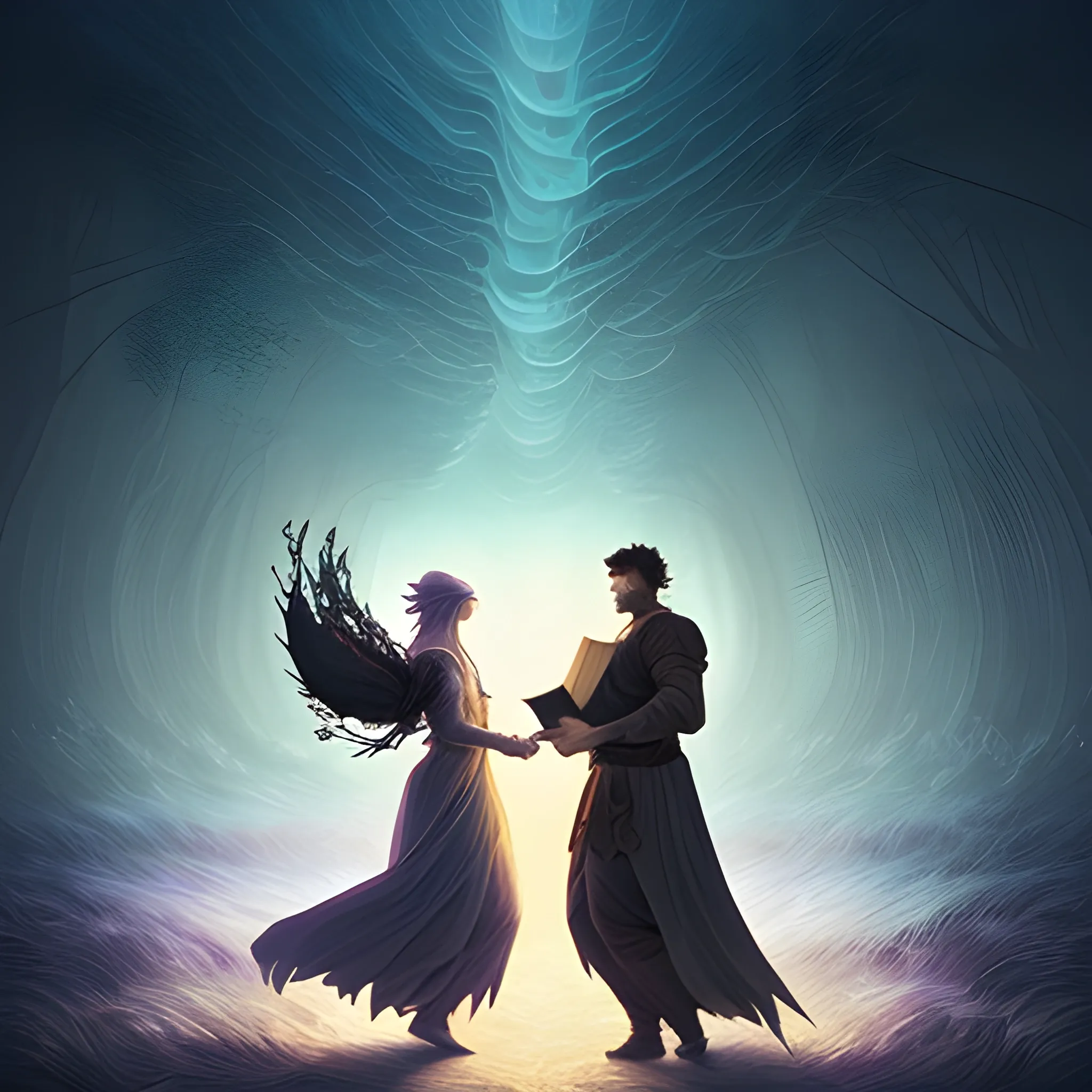 A man and a woman holds a book in the style of an epic fantasy scene,  ethereal illustration, swirls, to bring light to the world when night falls, travel times , Cartoon