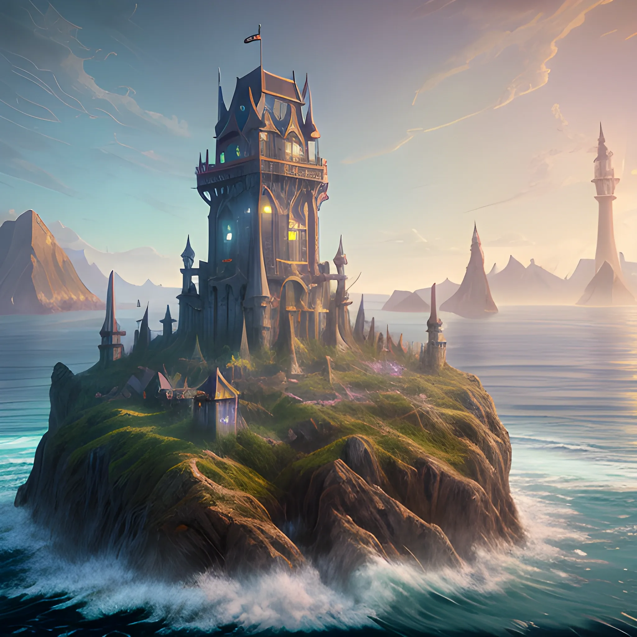 mystical tower on island, magic tower, sea, 8k, high resolution, high quality, photorealistic, hyperrealistic, detailed, detailed matte painting, deep color, fantastical, intricate detail, splash screen, complementary colors, fantasy concept art, 8k resolution trending on Artstation Unreal Engine