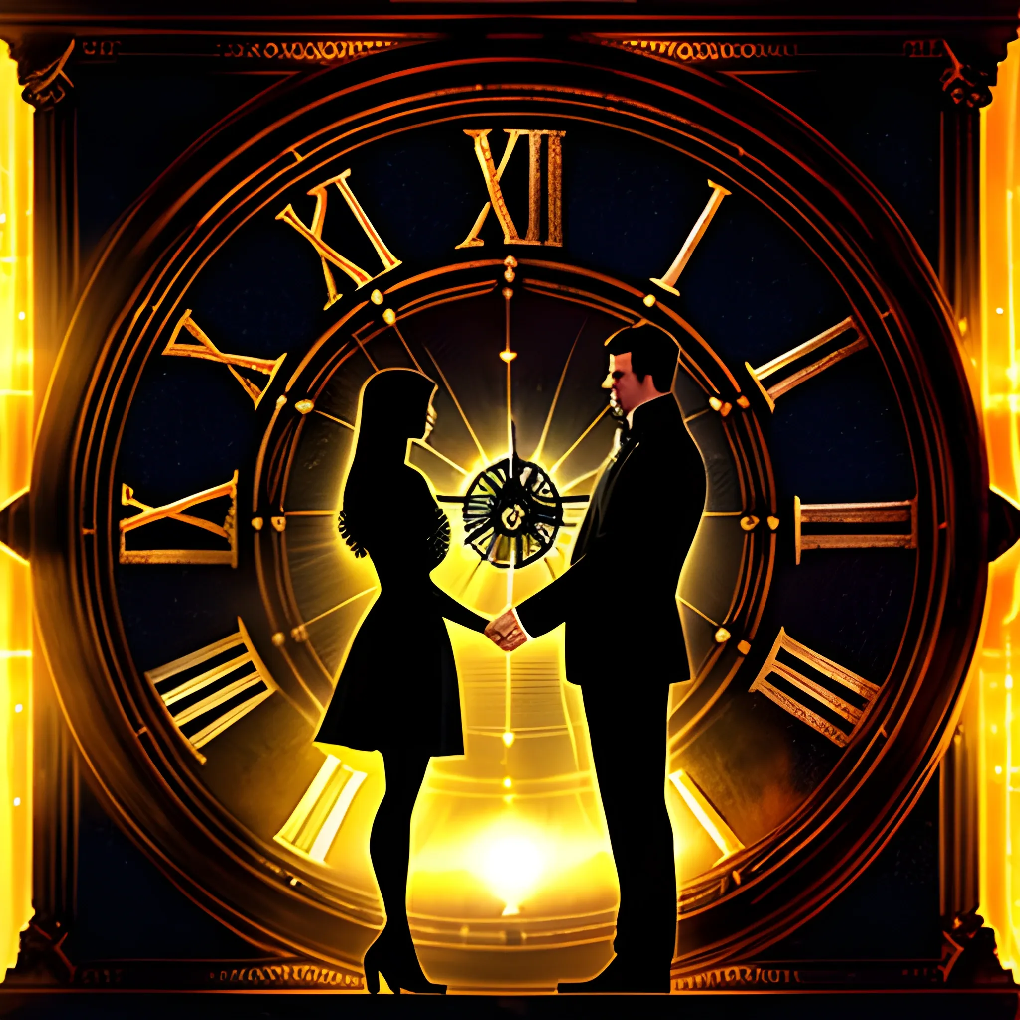 A young man and woman stand in a fantastical world, the clock and book in their hands glowing with a mysterious and powerful light that brings light to the darkness.