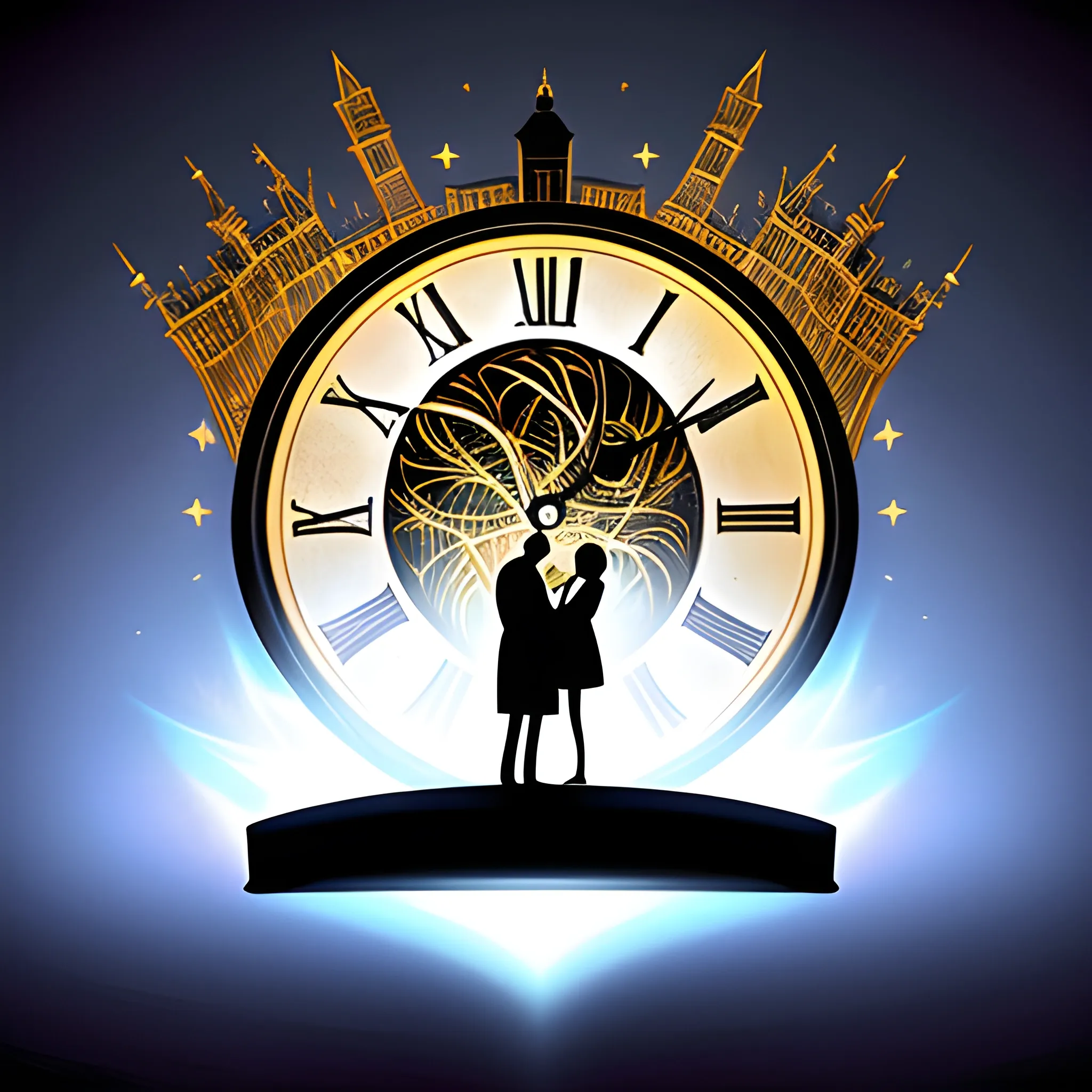 A young man and woman stand in a fantastical world, the clock and book in their hands glowing with a mysterious and powerful light that brings light to the darkness., Cartoon