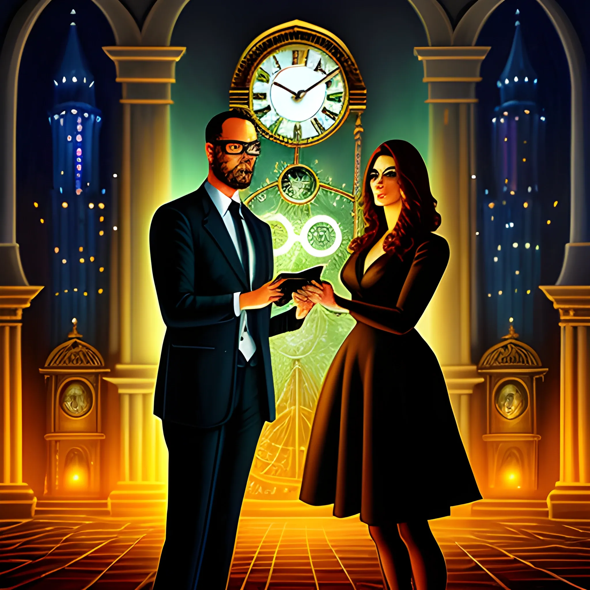 A young man and woman stand in a fantastical world, the clock and book in their hands glowing with a mysterious and powerful light that brings light to the darkness., Cartoon, Oil Painting