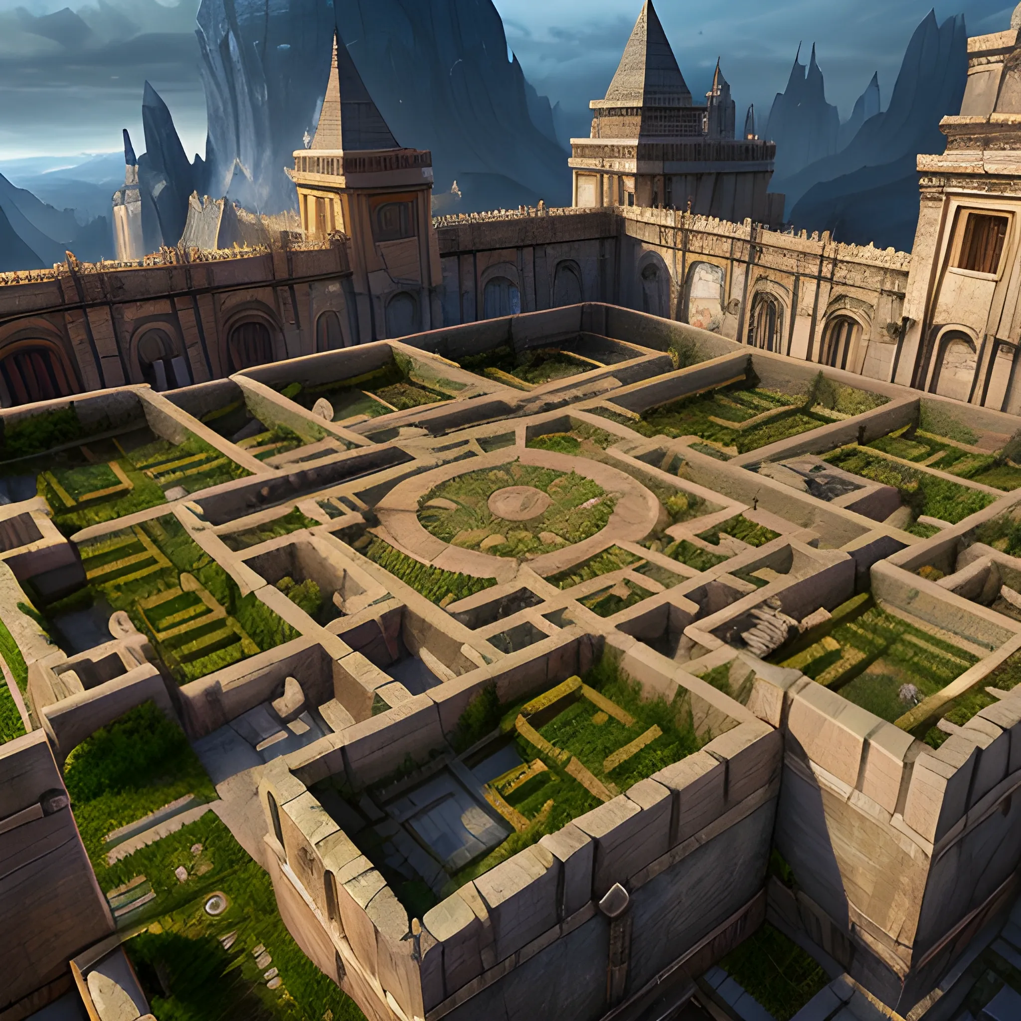 huge labyrinth with walls, view from sky, 8k, high resolution, high quality, detailed, detailed matte painting, deep color, fantastical, intricate detail, splash screen, complementary colors, fantasy concept art, 8k resolution trending on Artstation Unreal Engine