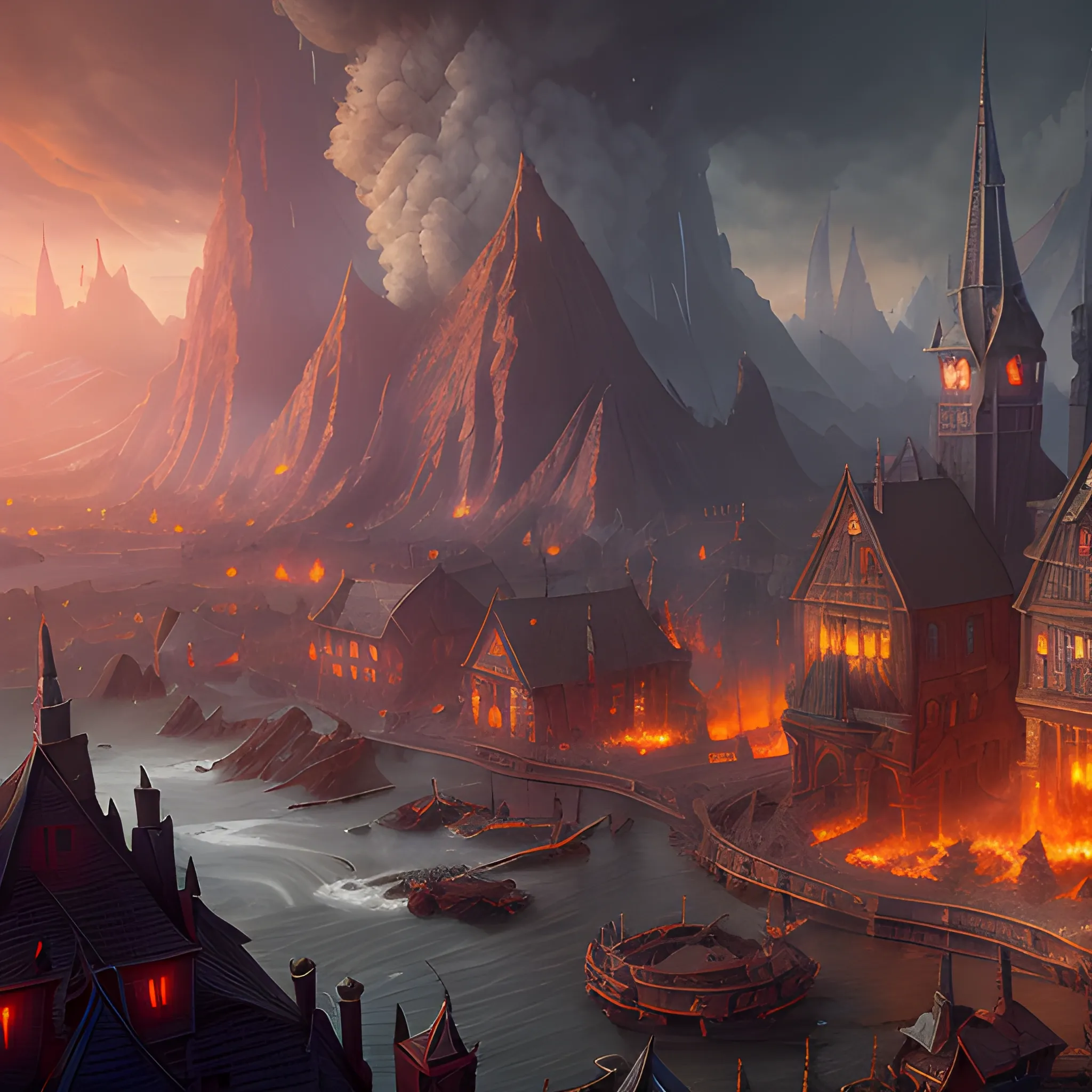 town in fire, high fantasy, 8k, high resolution, high quality, detailed, detailed matte painting, deep color, fantastical, intricate detail, splash screen, complementary colors, fantasy concept art, 8k resolution trending on Artstation Unreal Engine