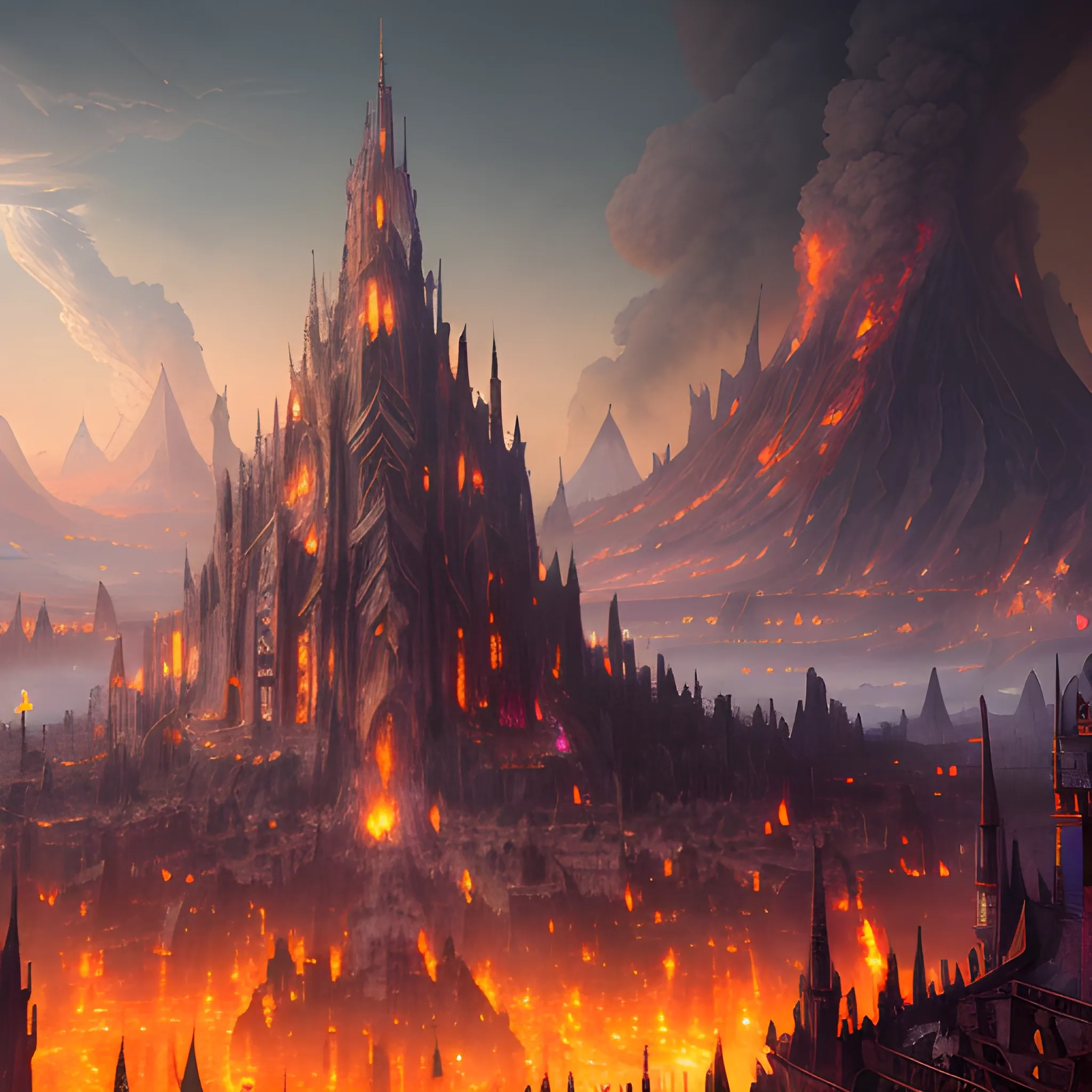 town is in fire, high fantasy, 8k, high resolution, high quality, detailed, detailed matte painting, deep color, fantastical, intricate detail, splash screen, complementary colors, fantasy concept art, 8k resolution trending on Artstation Unreal Engine