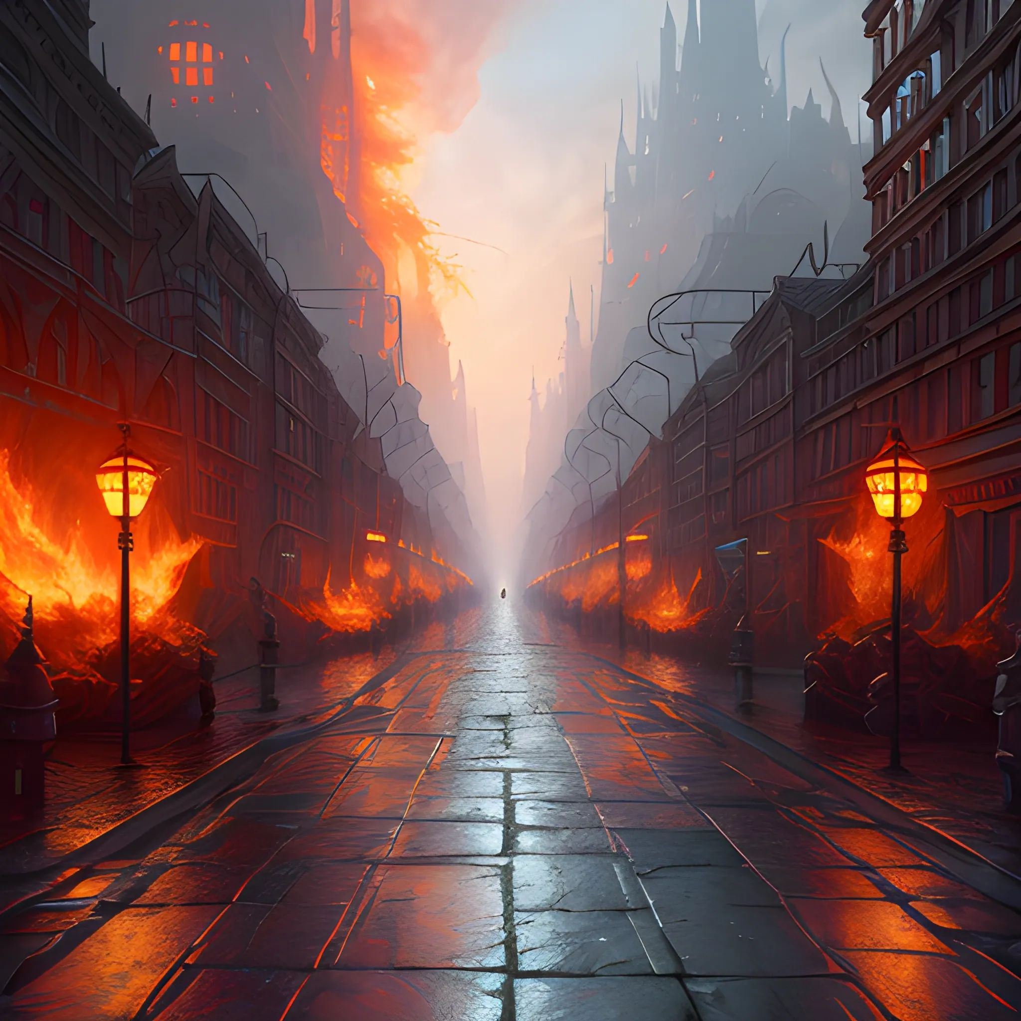 street in fire, high fantasy, 8k, high resolution, high quality, photorealistic, hyperrealistic, detailed, detailed matte painting, deep color, fantastical, intricate detail, splash screen, complementary colors, fantasy concept art, 8k resolution trending on Artstation Unreal Engine 5