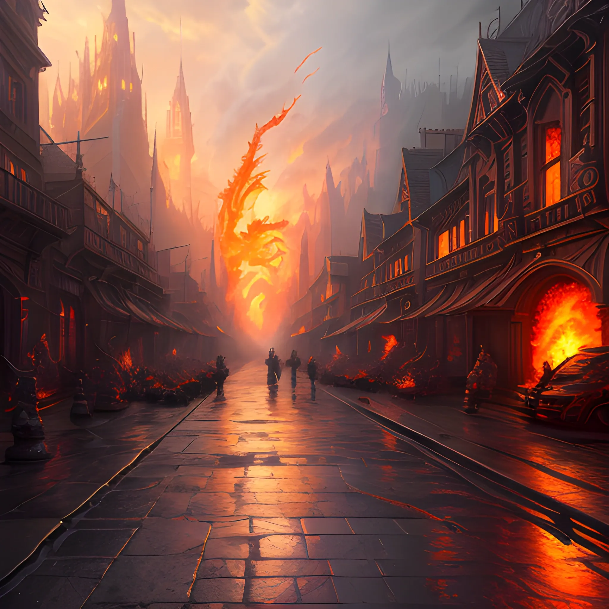 fire, street in fire, high fantasy, 8k, high resolution, high quality, photorealistic, hyperrealistic, detailed, detailed matte painting, deep color, fantastical, intricate detail, splash screen, complementary colors, fantasy concept art, 8k resolution trending on Artstation Unreal Engine 5