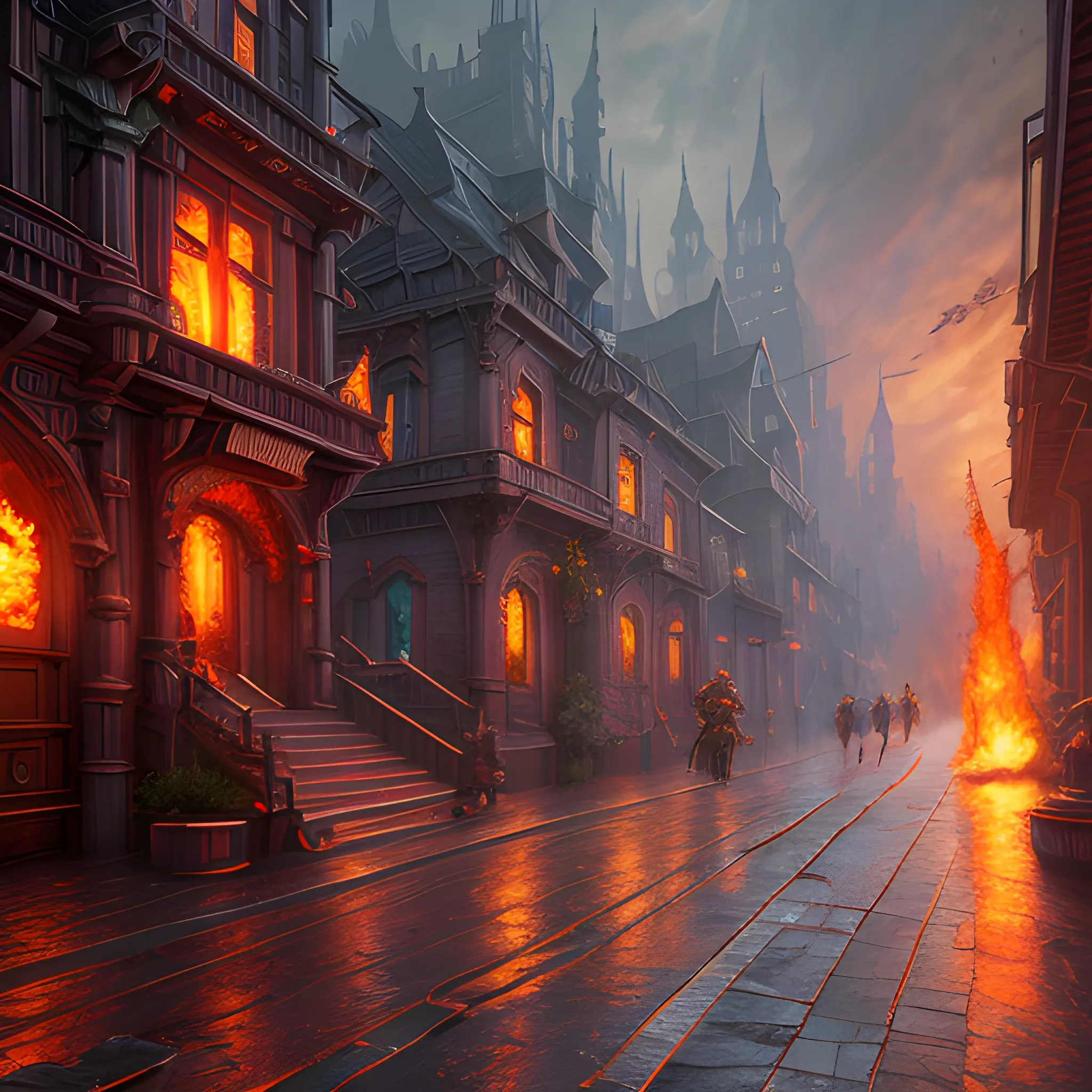 fire, street in fire, high fantasy, 8k, high resolution, high quality, photorealistic, hyperrealistic, detailed, detailed matte painting, deep color, fantastical, intricate detail, splash screen, complementary colors, fantasy concept art, 8k resolution trending on Artstation Unreal Engine 5