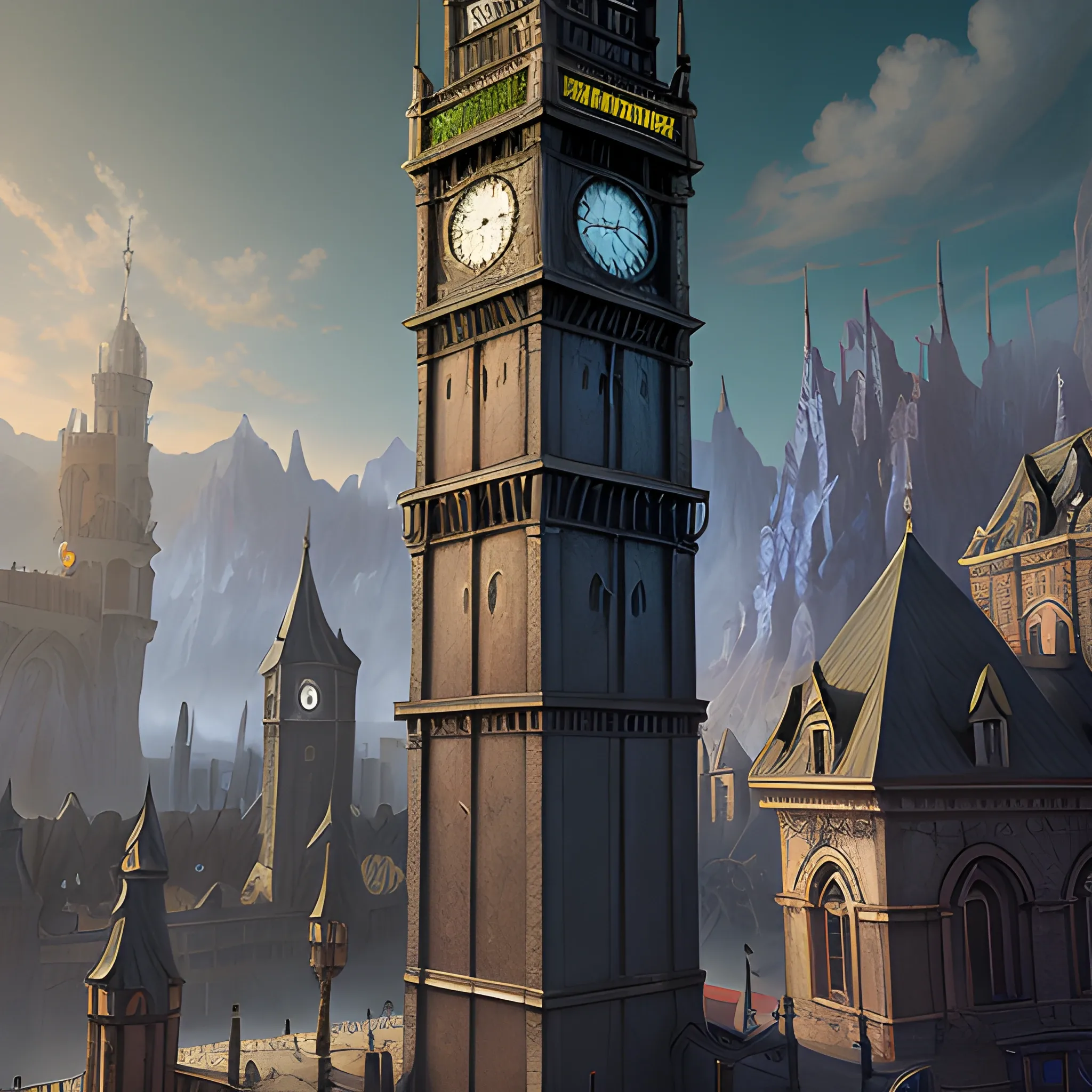 clock tower, high fantasy, 8k, high resolution, high quality, photorealistic, hyperrealistic, detailed, detailed matte painting, deep color, fantastical, intricate detail, splash screen, complementary colors, fantasy concept art, 8k resolution trending on Artstation Unreal Engine 5