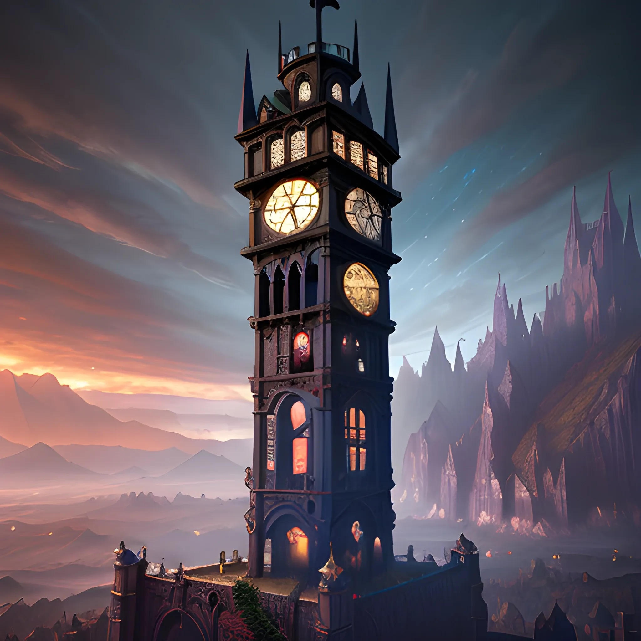 magic clock tower, mystical clock tower, night, high fantasy, 8k, high resolution, high quality, detailed, detailed matte painting, deep color, fantastical, intricate detail, splash screen, complementary colors, fantasy concept art, 8k resolution trending on Artstation Unreal Engine