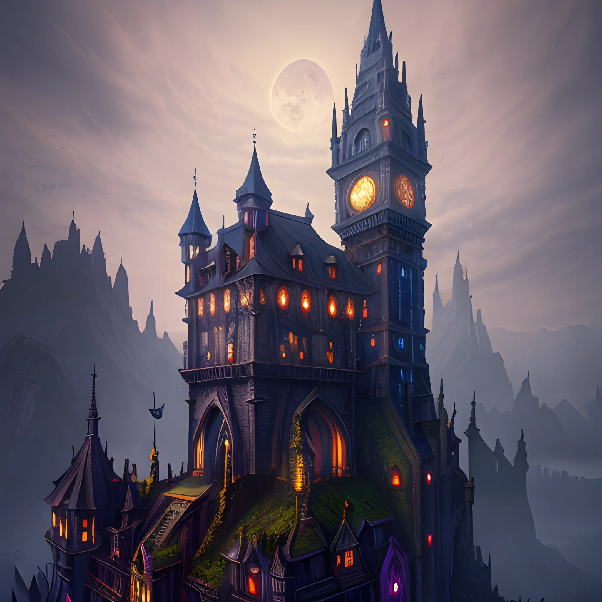 magic clock tower, mystical clock tower, night, high fantasy, 8k, high resolution, high quality, detailed, detailed matte painting, deep color, fantastical, intricate detail, splash screen, complementary colors, fantasy concept art, 8k resolution trending on Artstation Unreal Engine